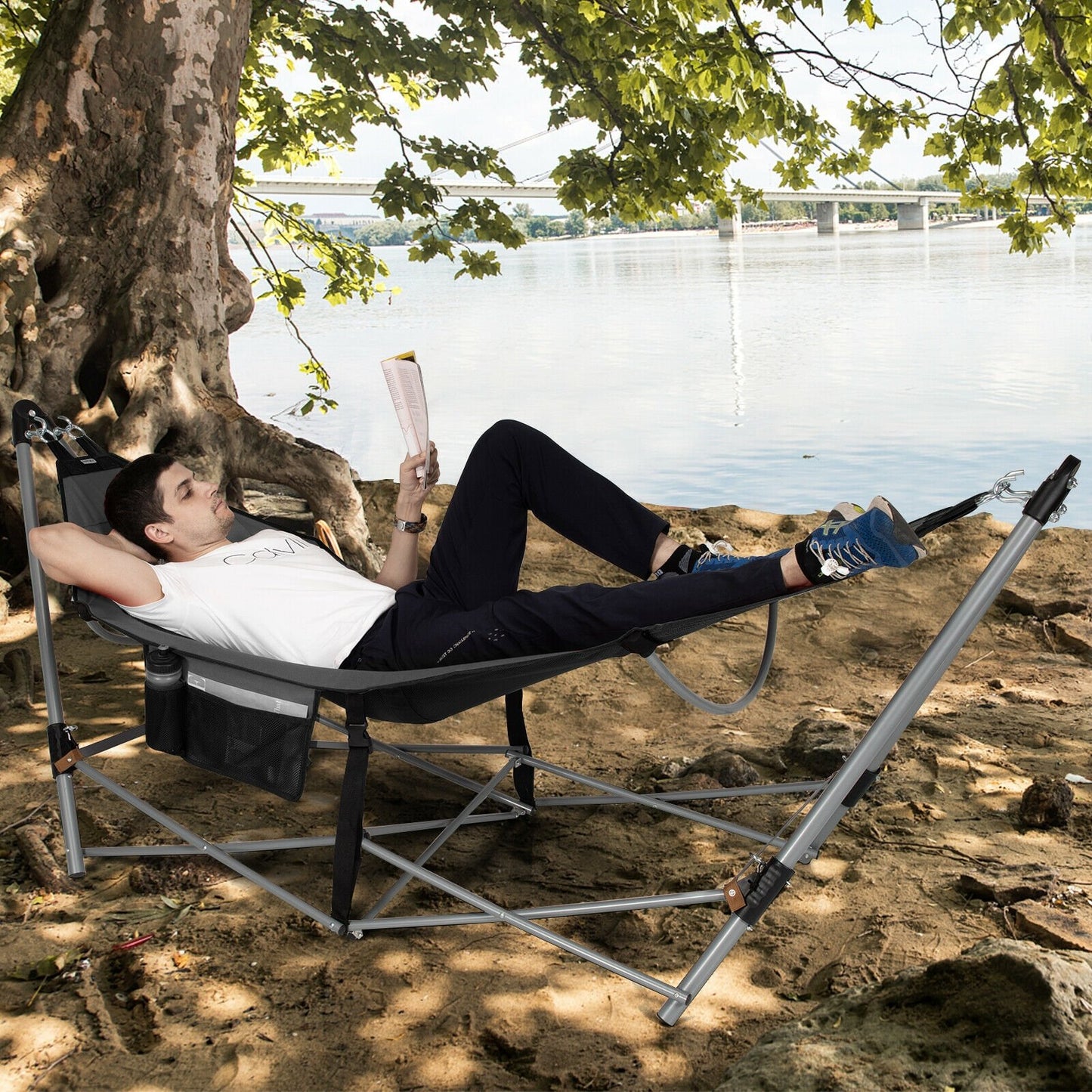 Folding Hammock Indoor Outdoor Hammock with Side Pocket and Iron Stand-Black
