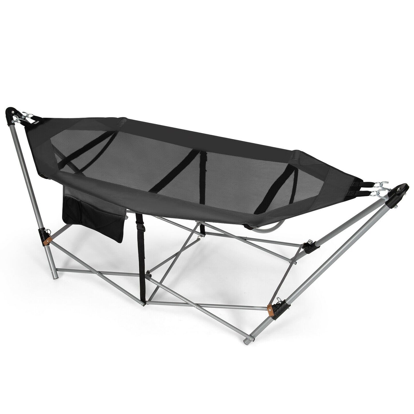 Folding Hammock Indoor Outdoor Hammock with Side Pocket and Iron Stand-Black