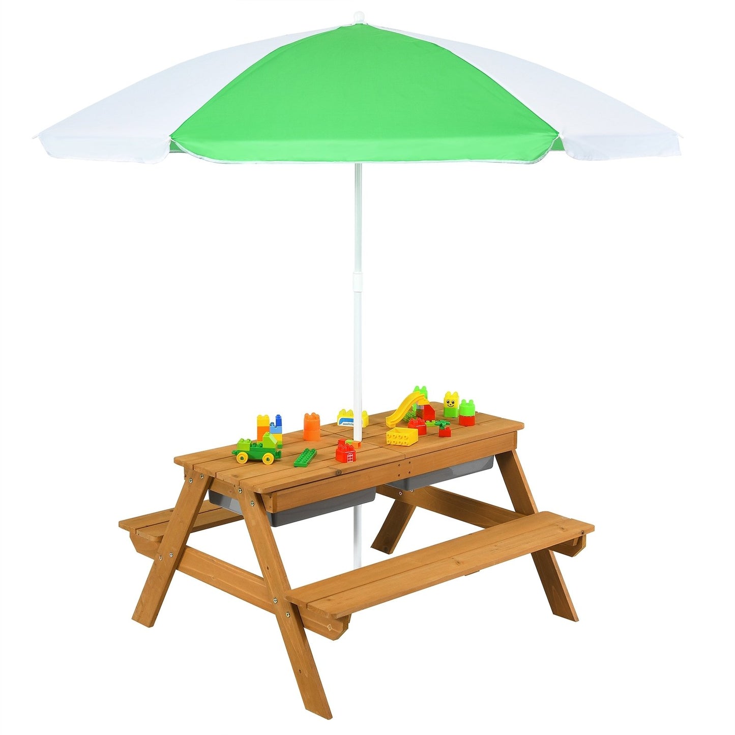 3-in-1 Kids Outdoor Picnic Water Sand Table with Umbrella Play Boxes-Blue