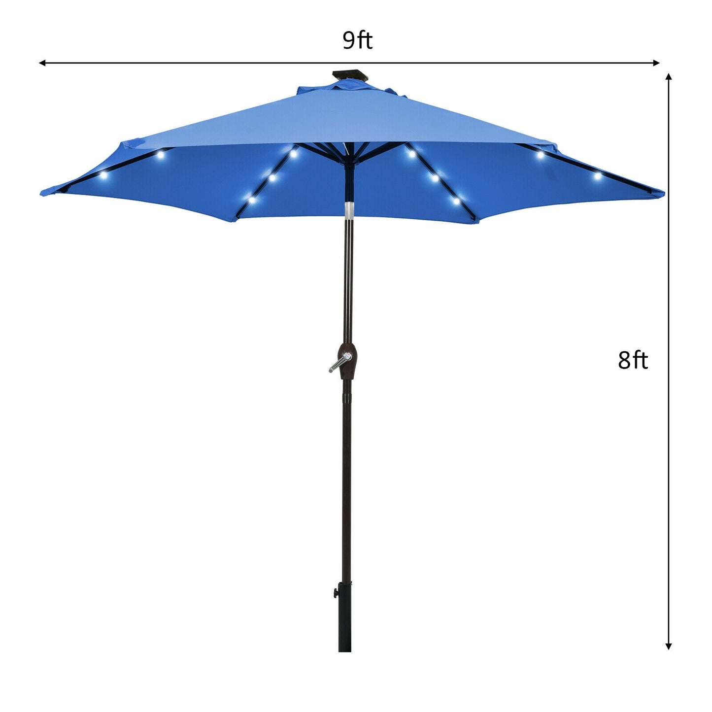 9' Solar LED Lighted Patio Market Umbrella Tilt Adjustment Crank Lift -Blue