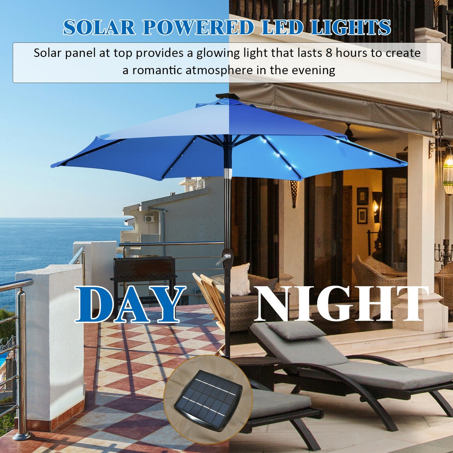 9' Solar LED Lighted Patio Market Umbrella Tilt Adjustment Crank Lift -Blue