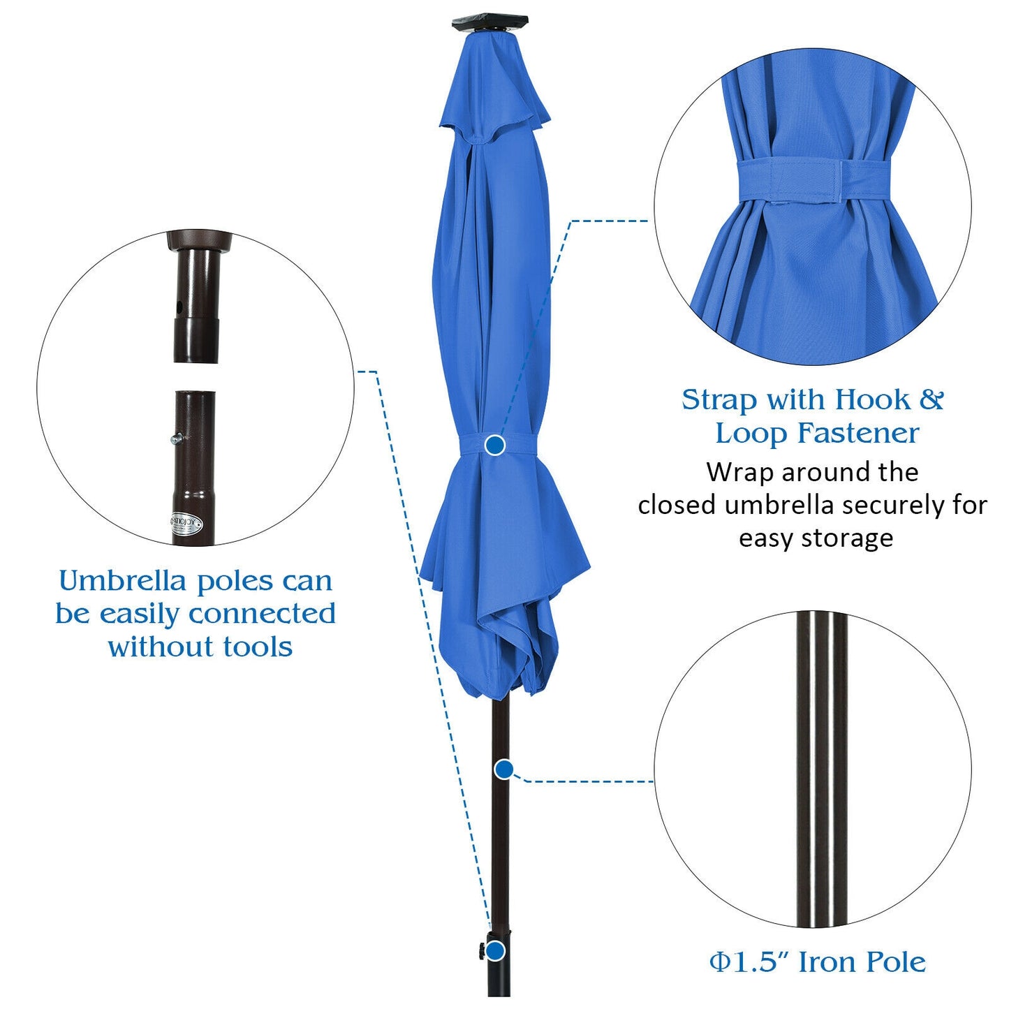 9' Solar LED Lighted Patio Market Umbrella Tilt Adjustment Crank Lift -Blue
