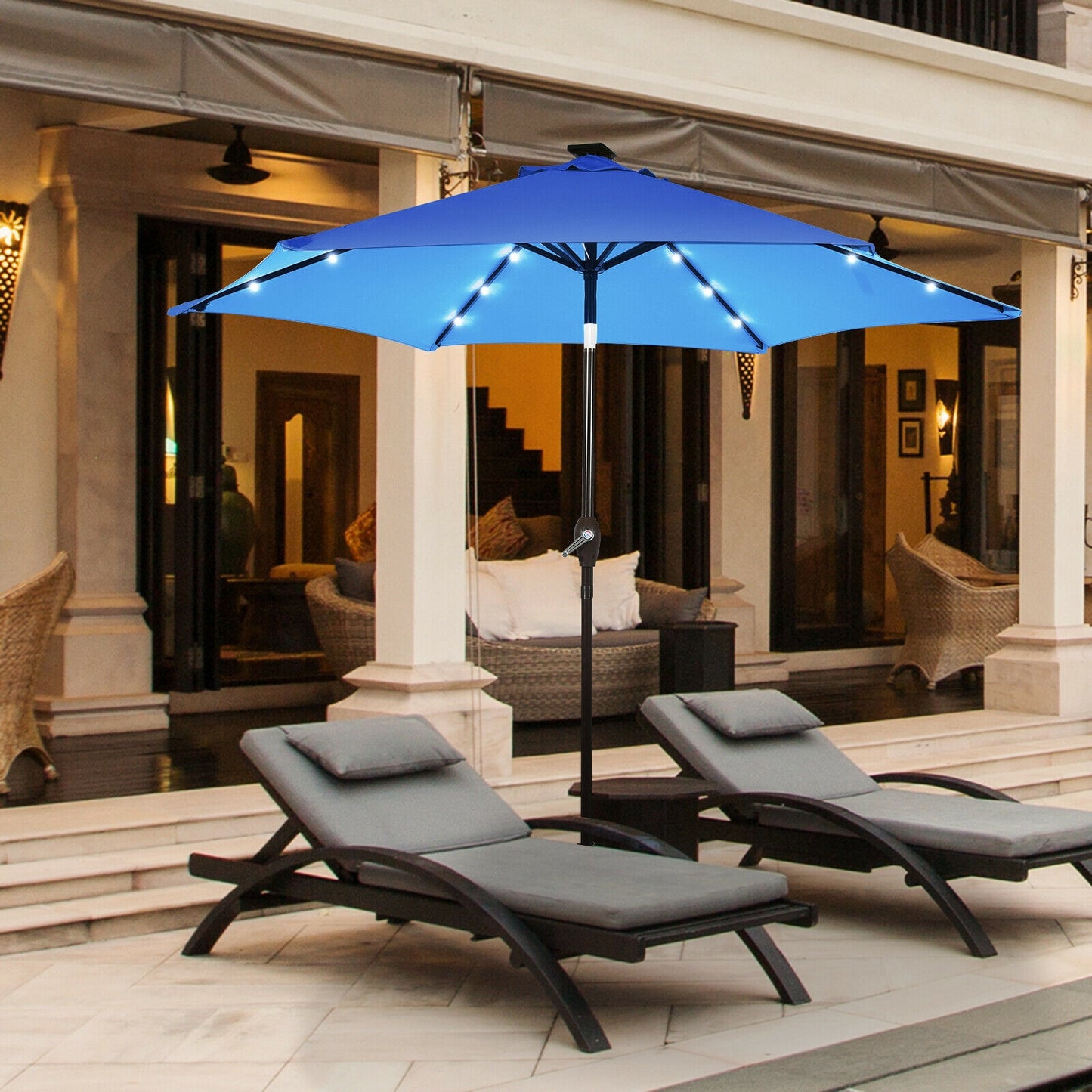 9' Solar LED Lighted Patio Market Umbrella Tilt Adjustment Crank Lift -Blue
