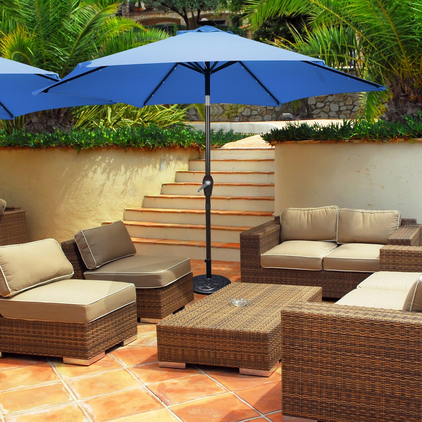 9' Solar LED Lighted Patio Market Umbrella Tilt Adjustment Crank Lift -Blue