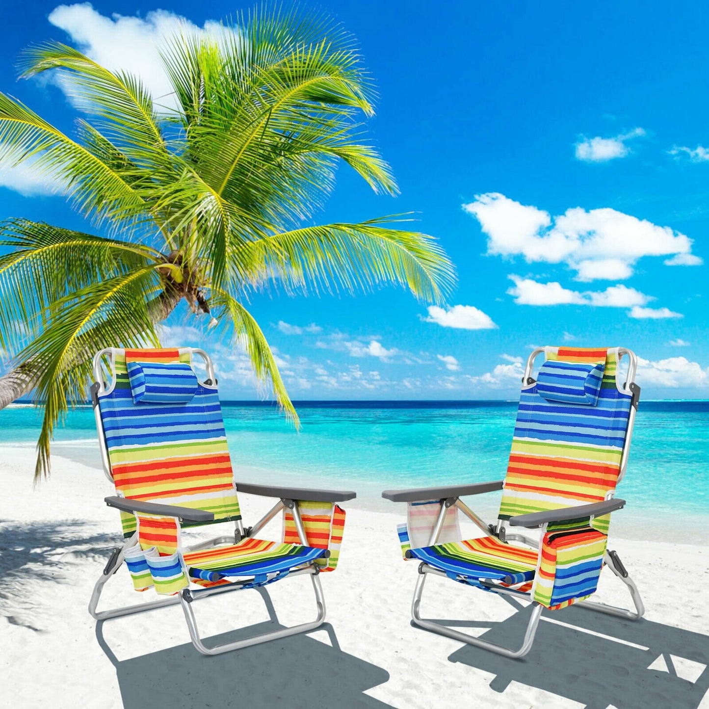 2-Pack Folding Backpack Beach Chair 5-Position Outdoor Reclining Chairs with Pillow-Blue