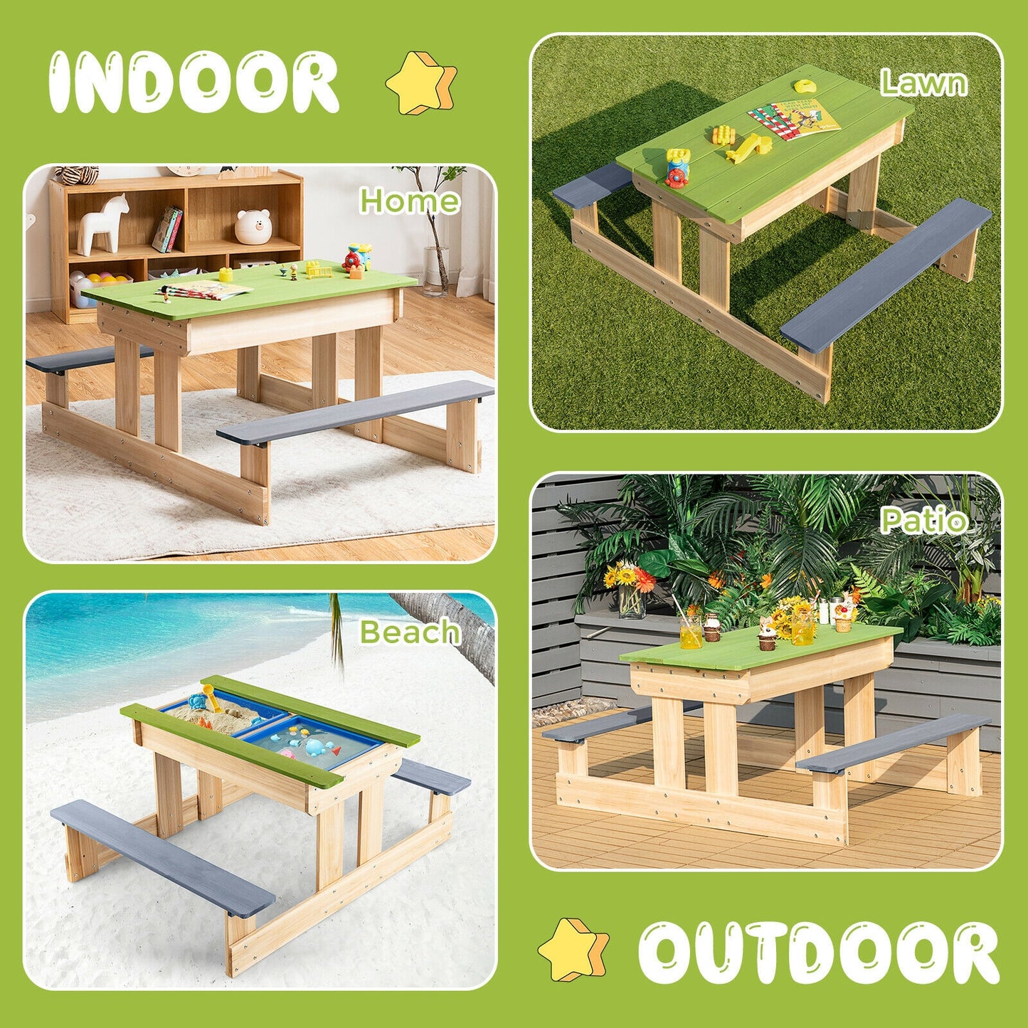3-in-1 Outdoor Wooden Kids Water Sand Table with Play Boxes