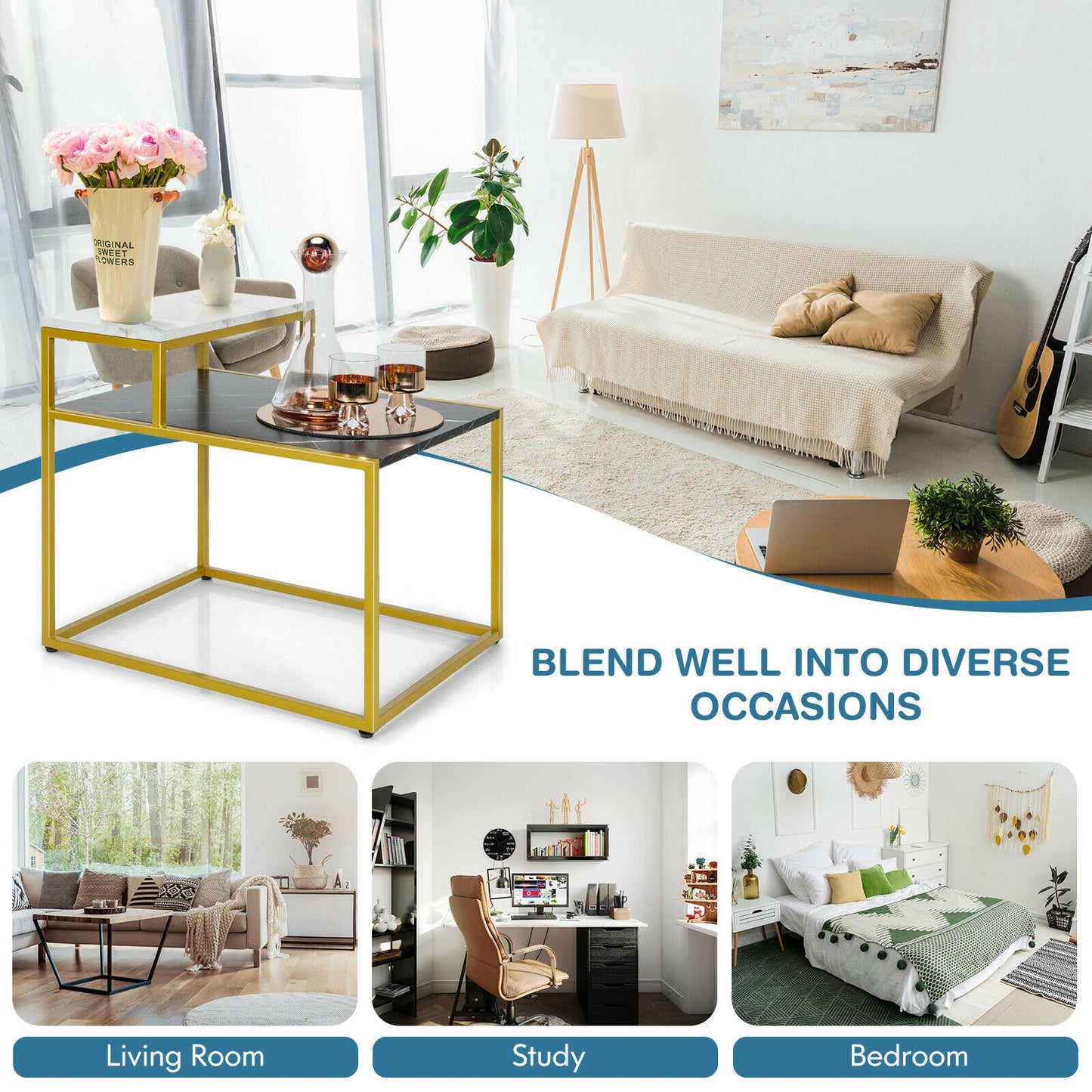 2 Tier End Side Table with Metal Frame and Storage Shelf for Living Room-White