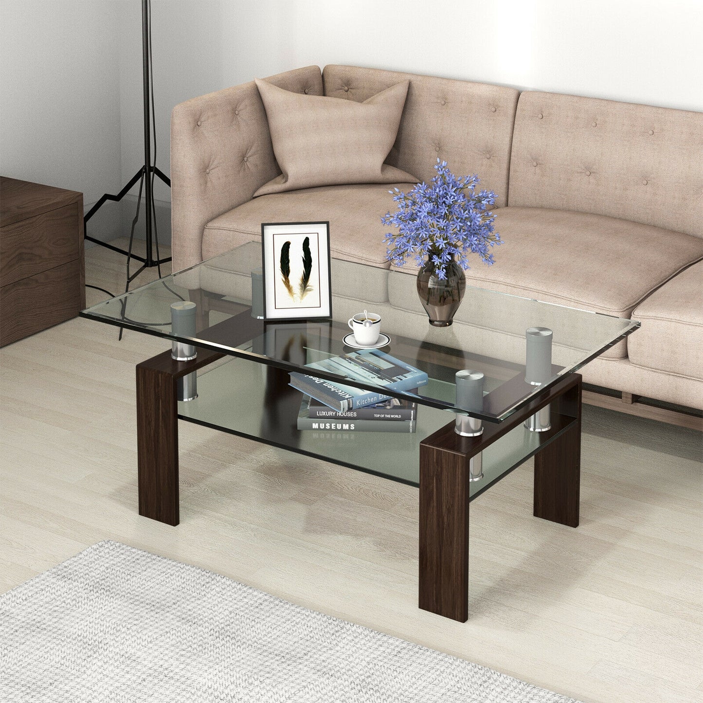 Rectangle Glass Coffee Table with Metal Legs for Living Room-Black