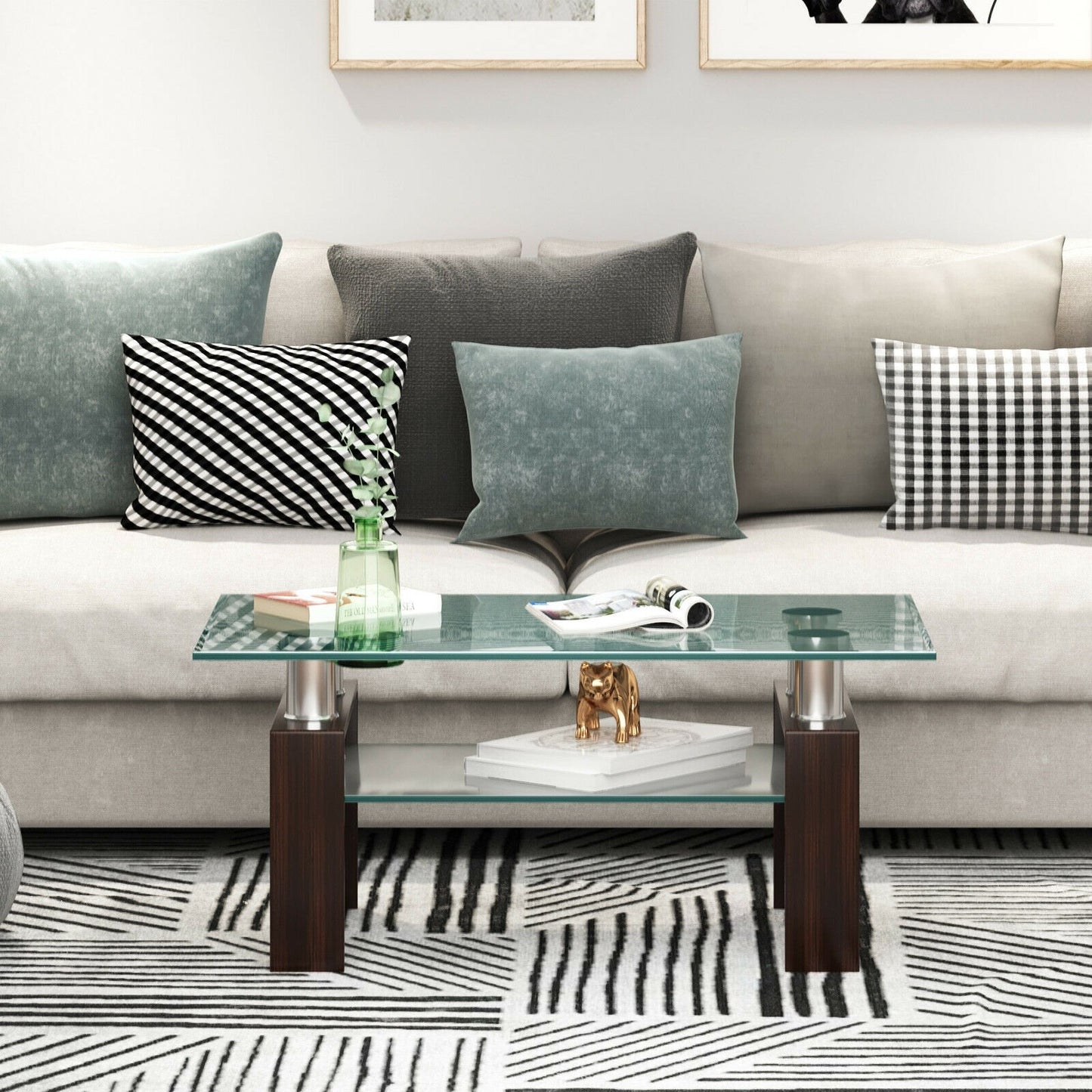 Rectangle Glass Coffee Table with Metal Legs for Living Room-Black