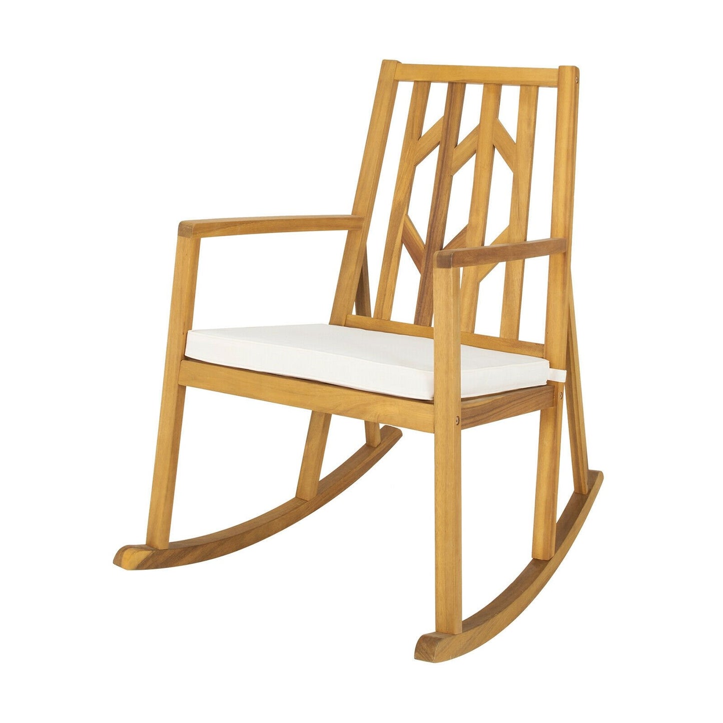 Patio Acacia Wood Rocking Chair Sofa with Armrest and Cushion for Garden and Deck-Red