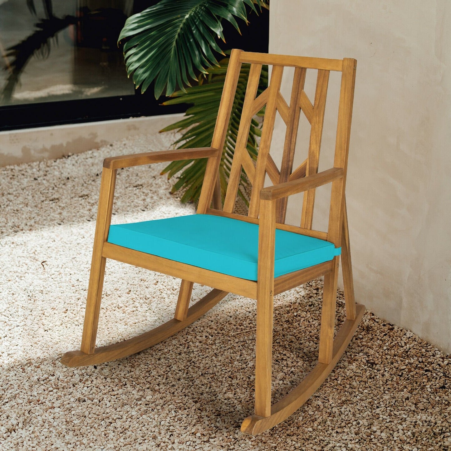 Patio Acacia Wood Rocking Chair Sofa with Armrest and Cushion for Garden and Deck-Red