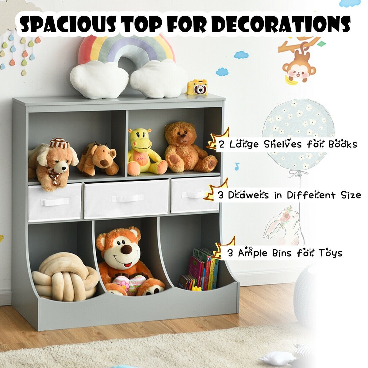 Freestanding Combo Cubby Bin Storage Organizer Unit W/3 Baskets-Brown