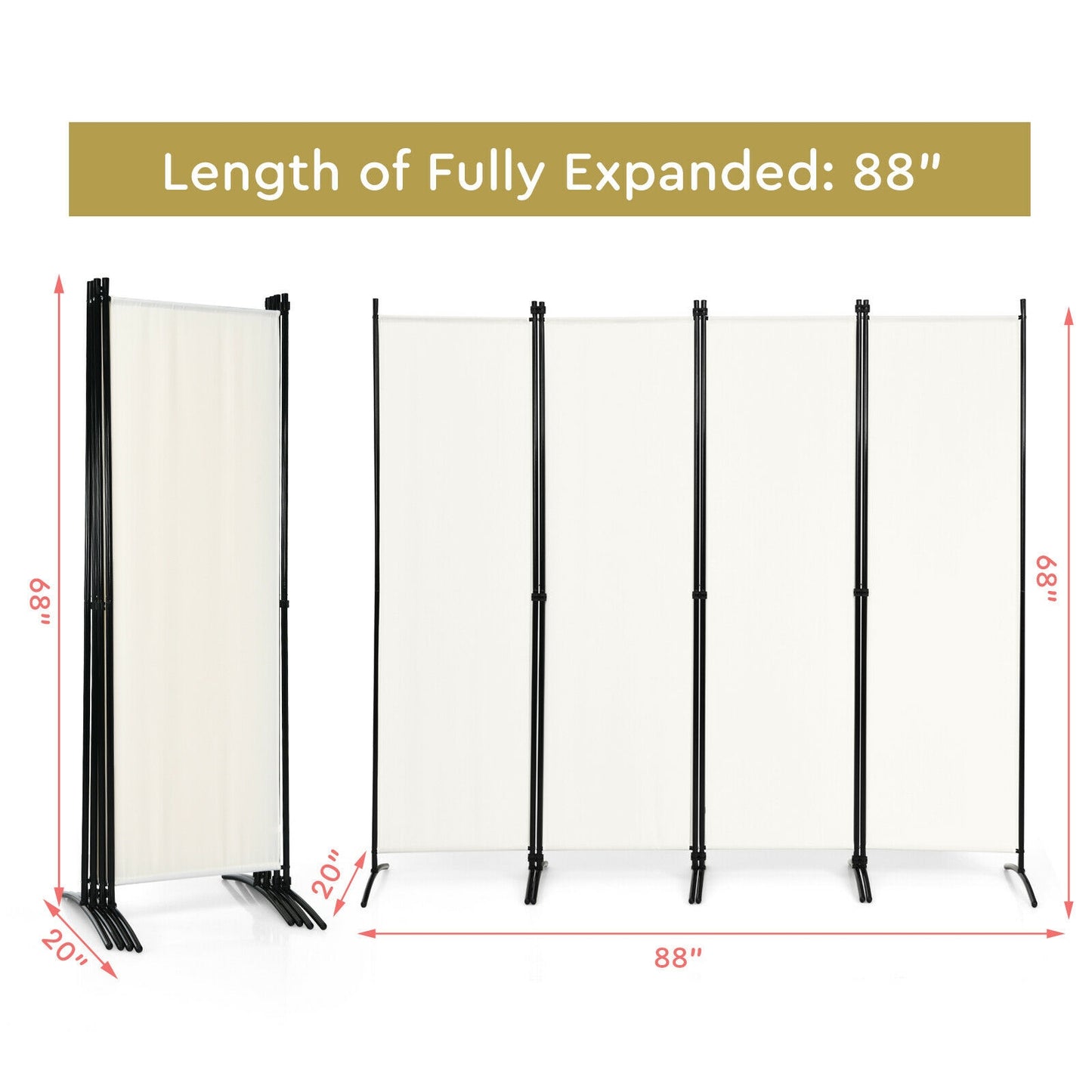 4-Panel Room Divider with Steel Frame-White