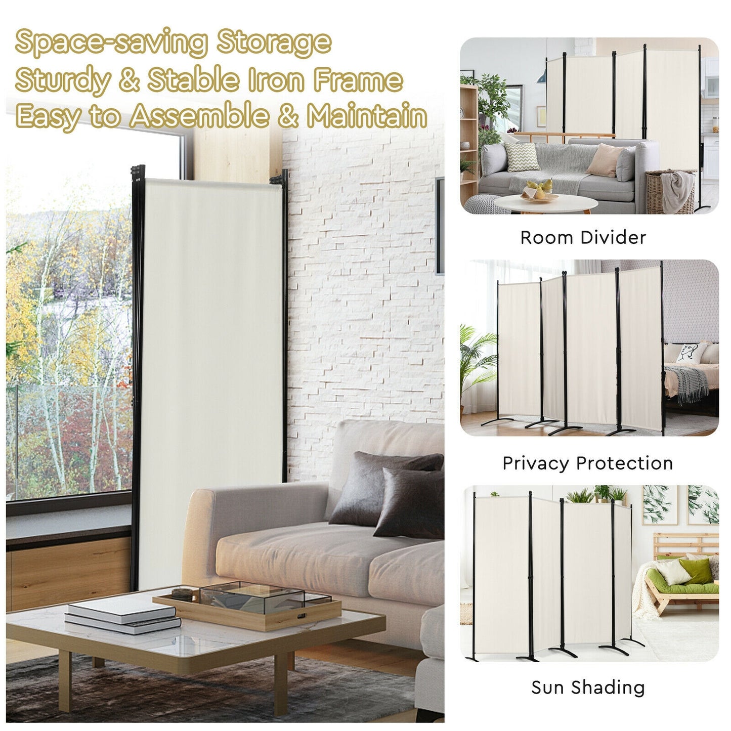 4-Panel Room Divider with Steel Frame-White