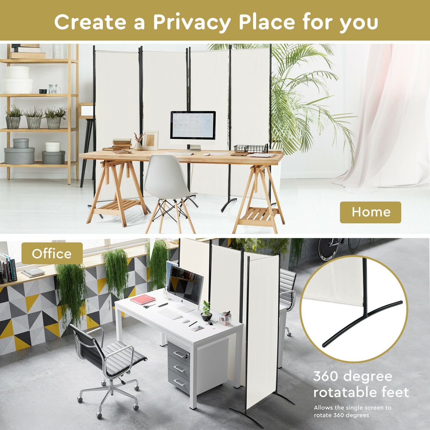 4-Panel Room Divider with Steel Frame-White
