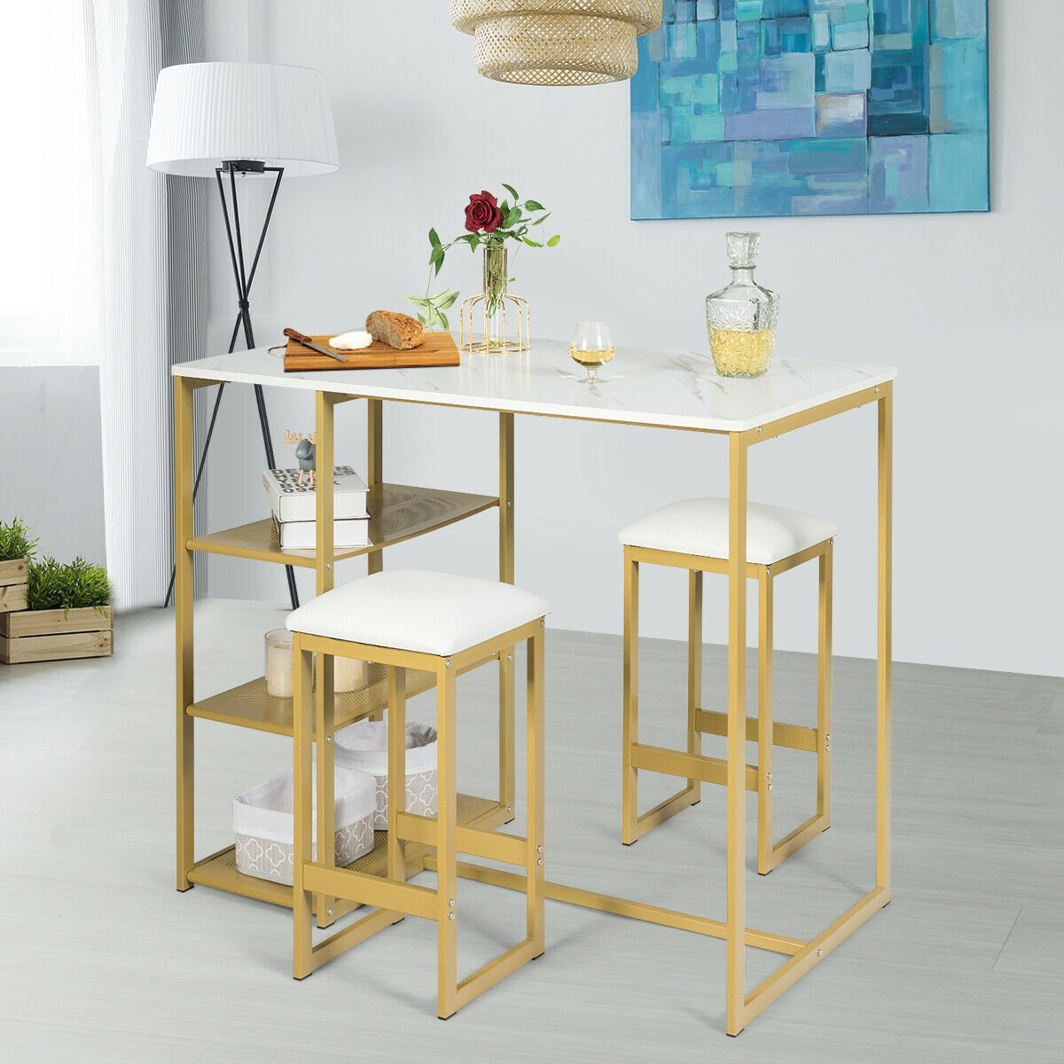 3 pcs Dining Set with Faux Marble Top Table and 2 Stools-Black