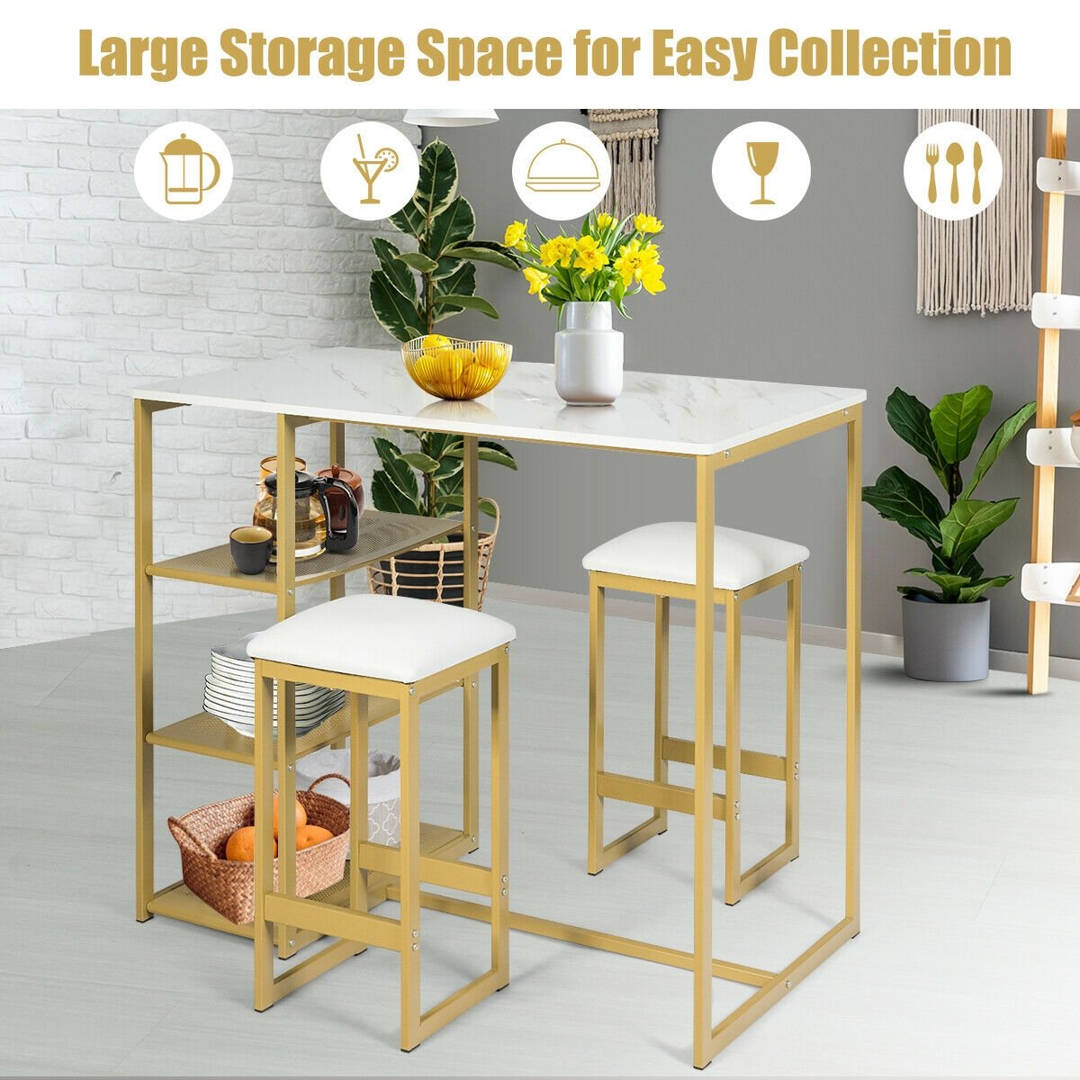 3 pcs Dining Set with Faux Marble Top Table and 2 Stools-Black