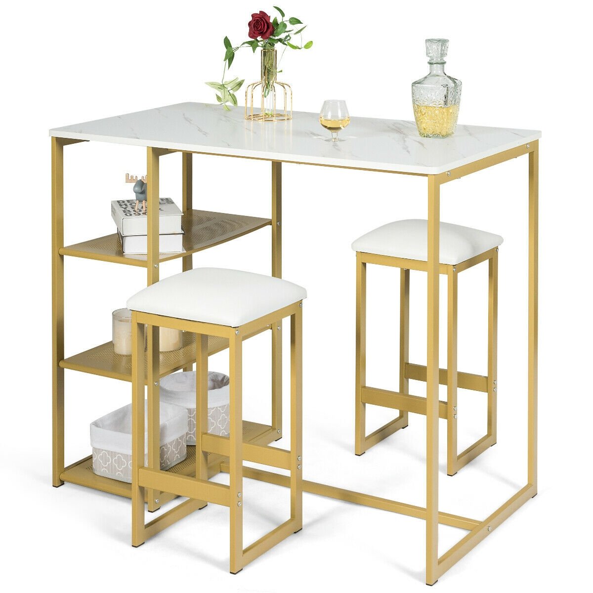 3 pcs Dining Set with Faux Marble Top Table and 2 Stools-Black