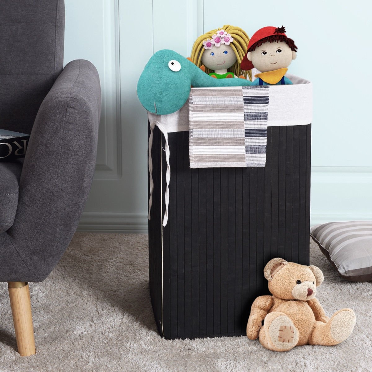 Corner Bamboo Hamper Laundry Basket with Lid and Removable Liner-Black