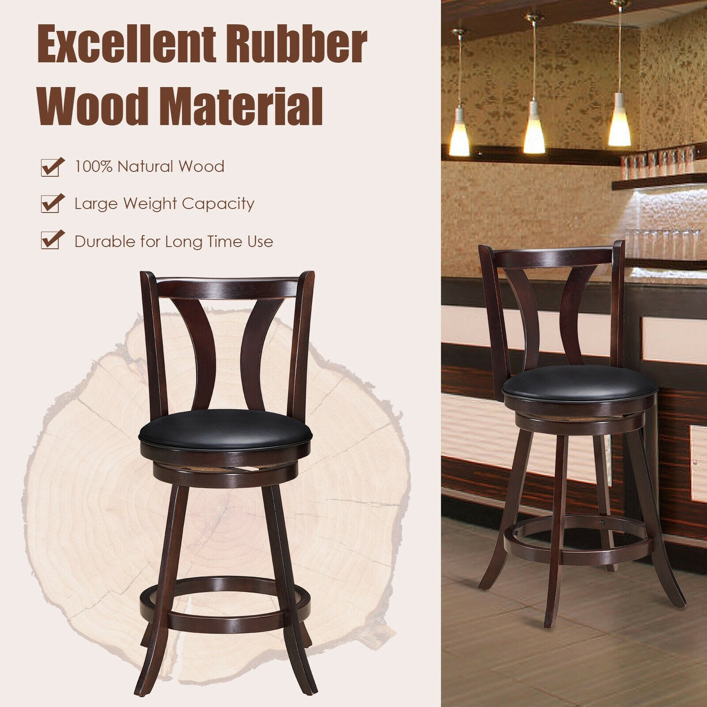 Set of 2 Swivel Bar stool 24 Inch Counter Height Leather Padded Dining Kitchen Chair-24 Inch