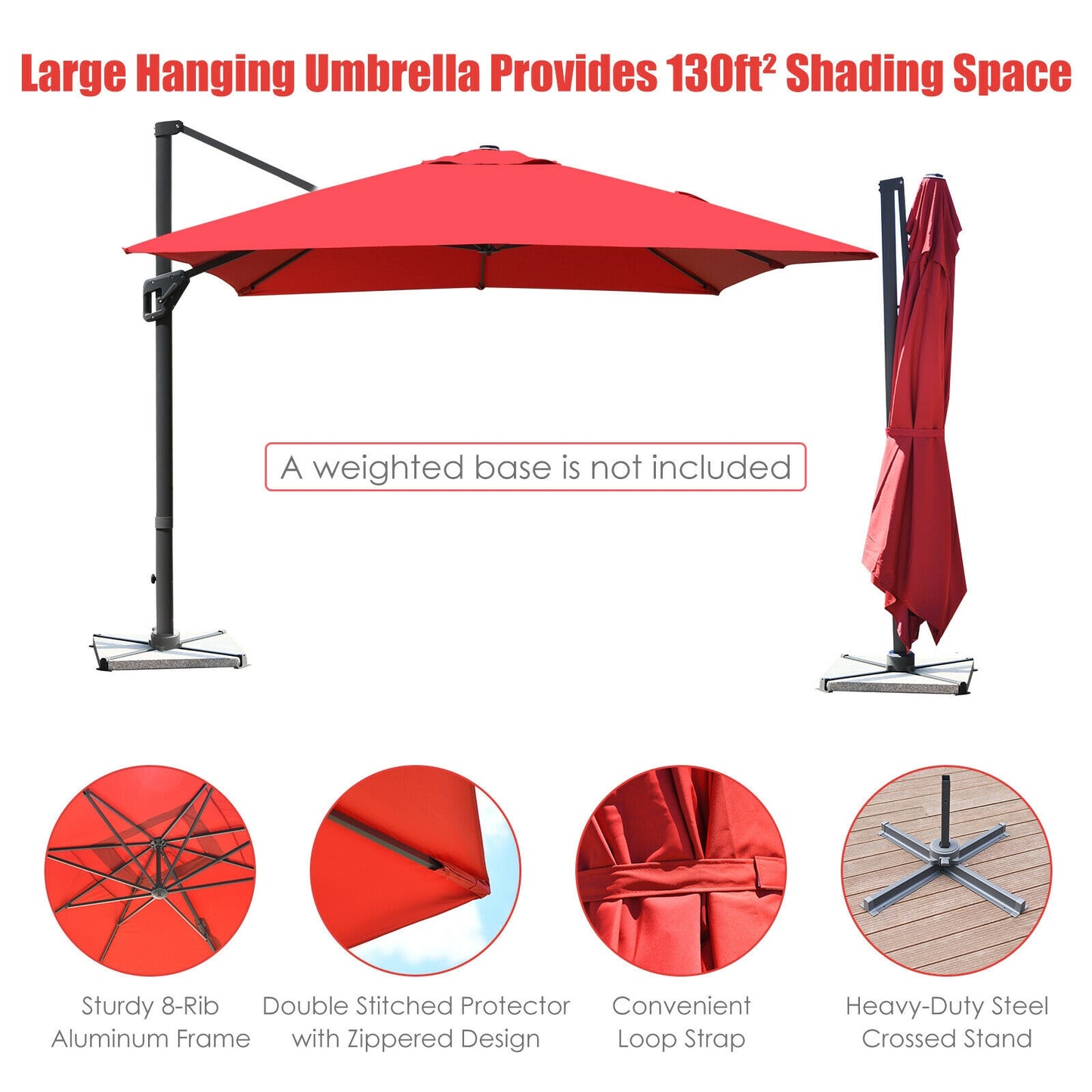 10 x13 Feet Rectangular Cantilever Umbrella with 360° Rotation Function-Wine