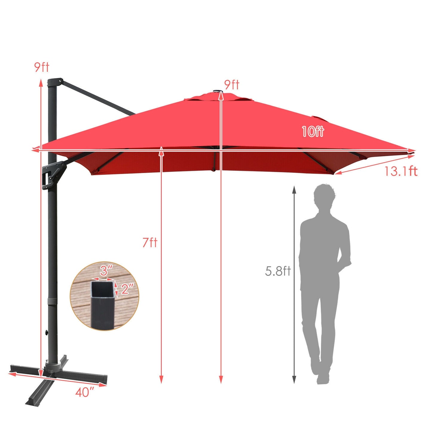 10 x13 Feet Rectangular Cantilever Umbrella with 360° Rotation Function-Wine