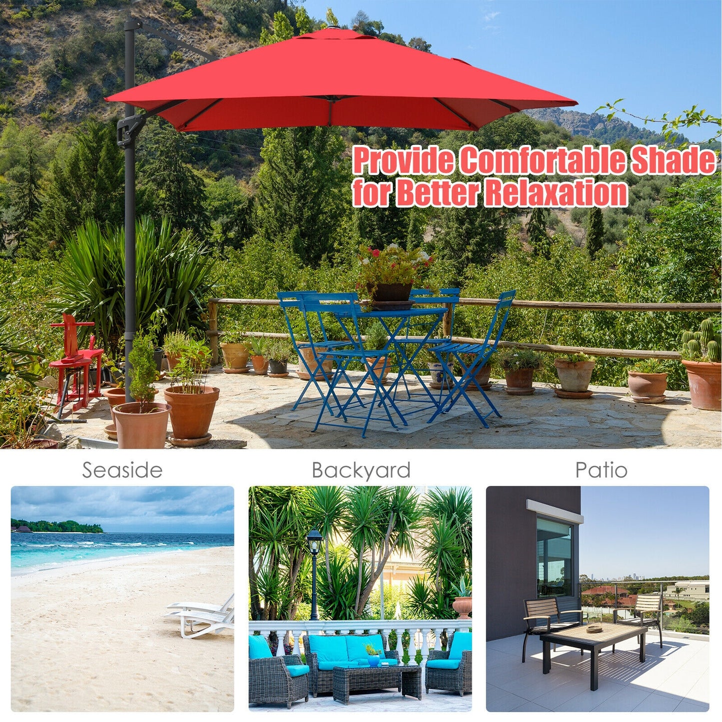 10 x13 Feet Rectangular Cantilever Umbrella with 360° Rotation Function-Wine