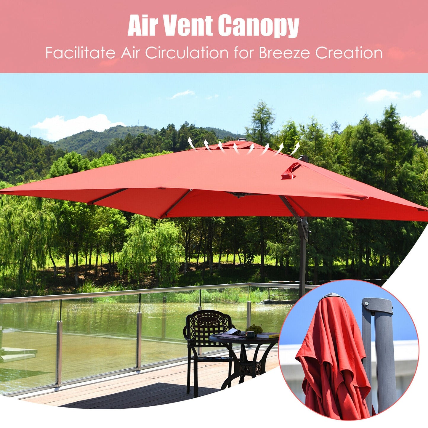 10 x13 Feet Rectangular Cantilever Umbrella with 360° Rotation Function-Wine