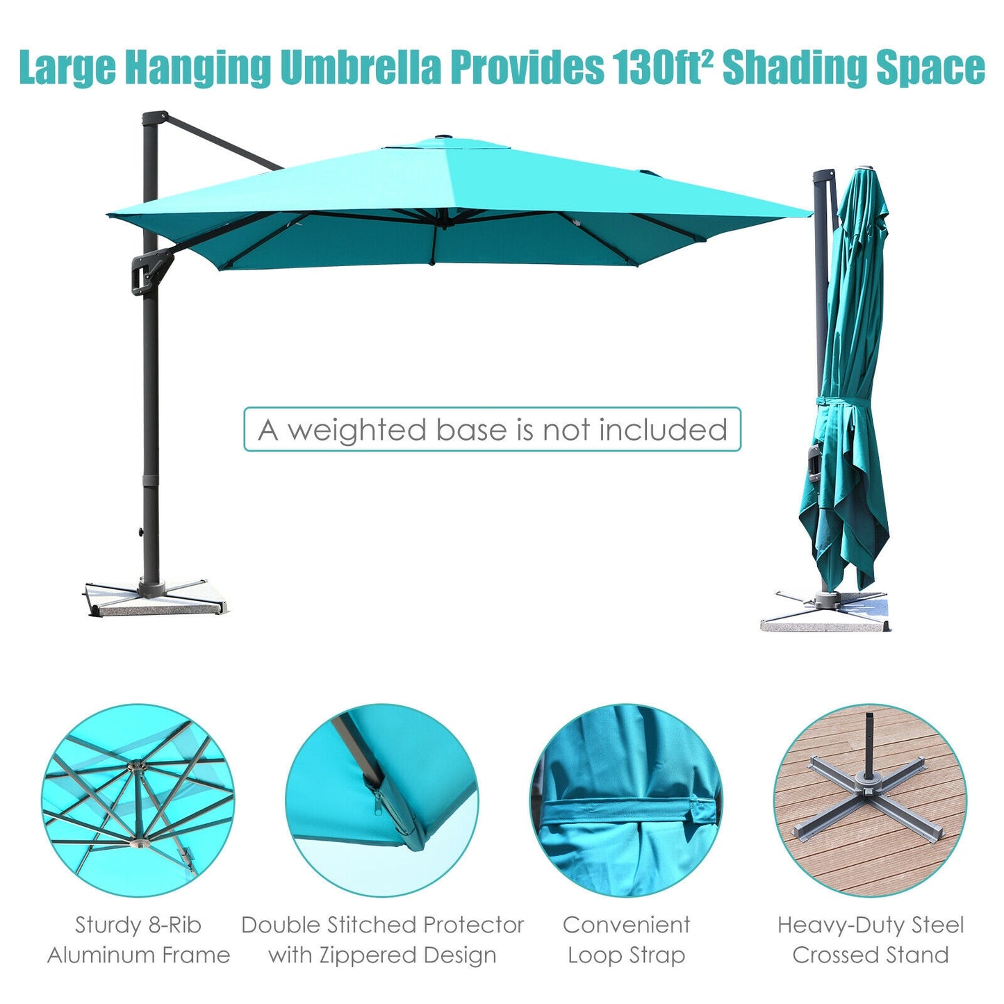 10 x13 Feet Rectangular Cantilever Umbrella with 360° Rotation Function-Turquoise
