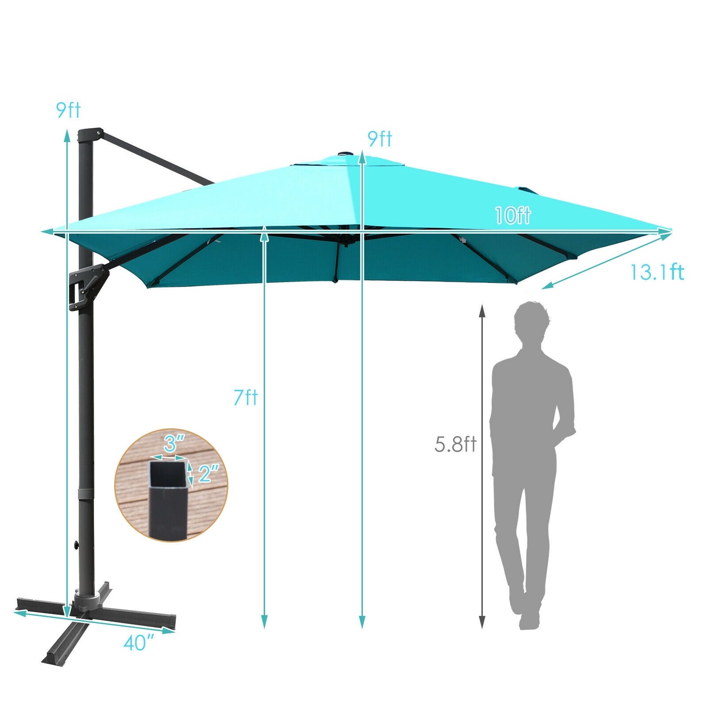 10 x13 Feet Rectangular Cantilever Umbrella with 360° Rotation Function-Turquoise