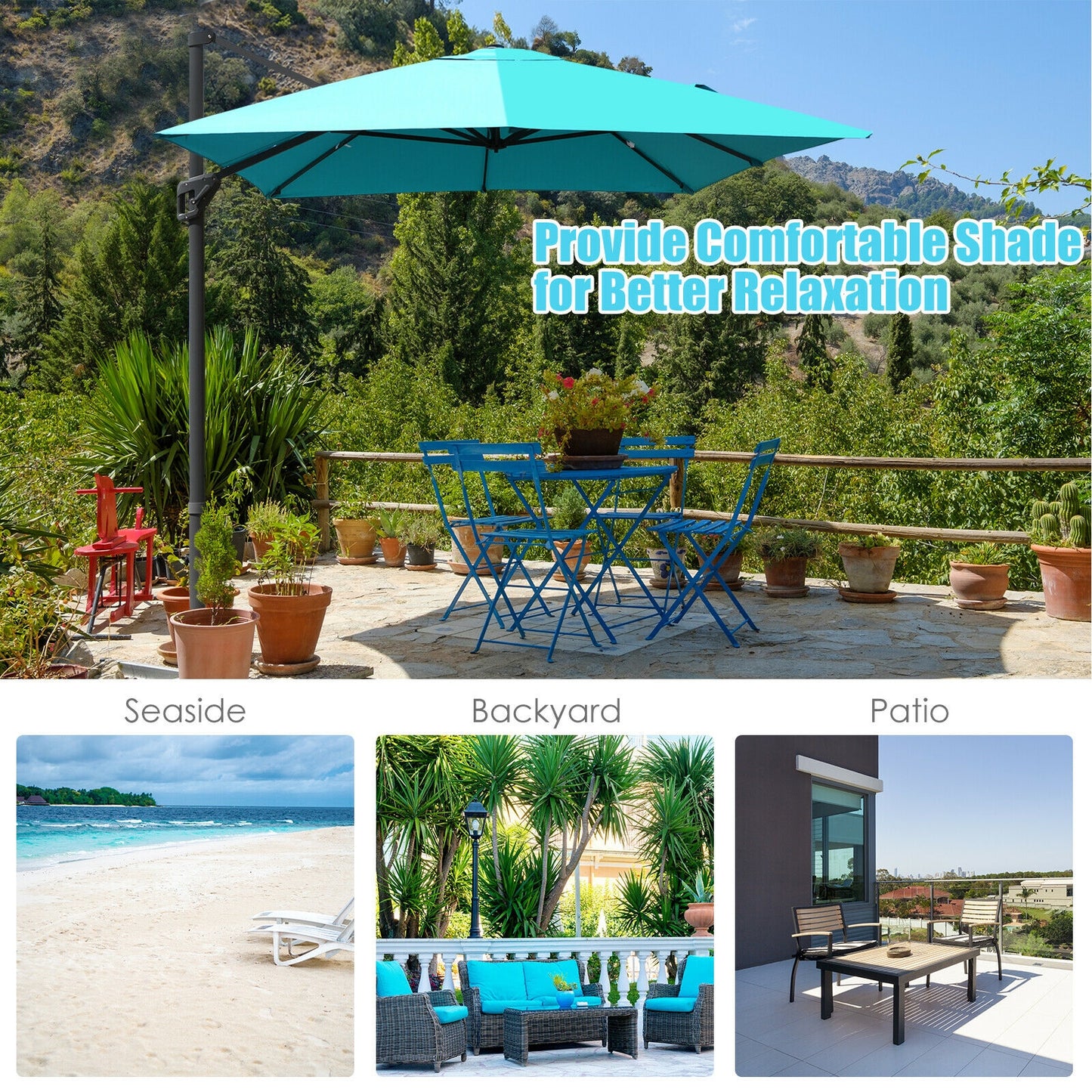 10 x13 Feet Rectangular Cantilever Umbrella with 360° Rotation Function-Turquoise