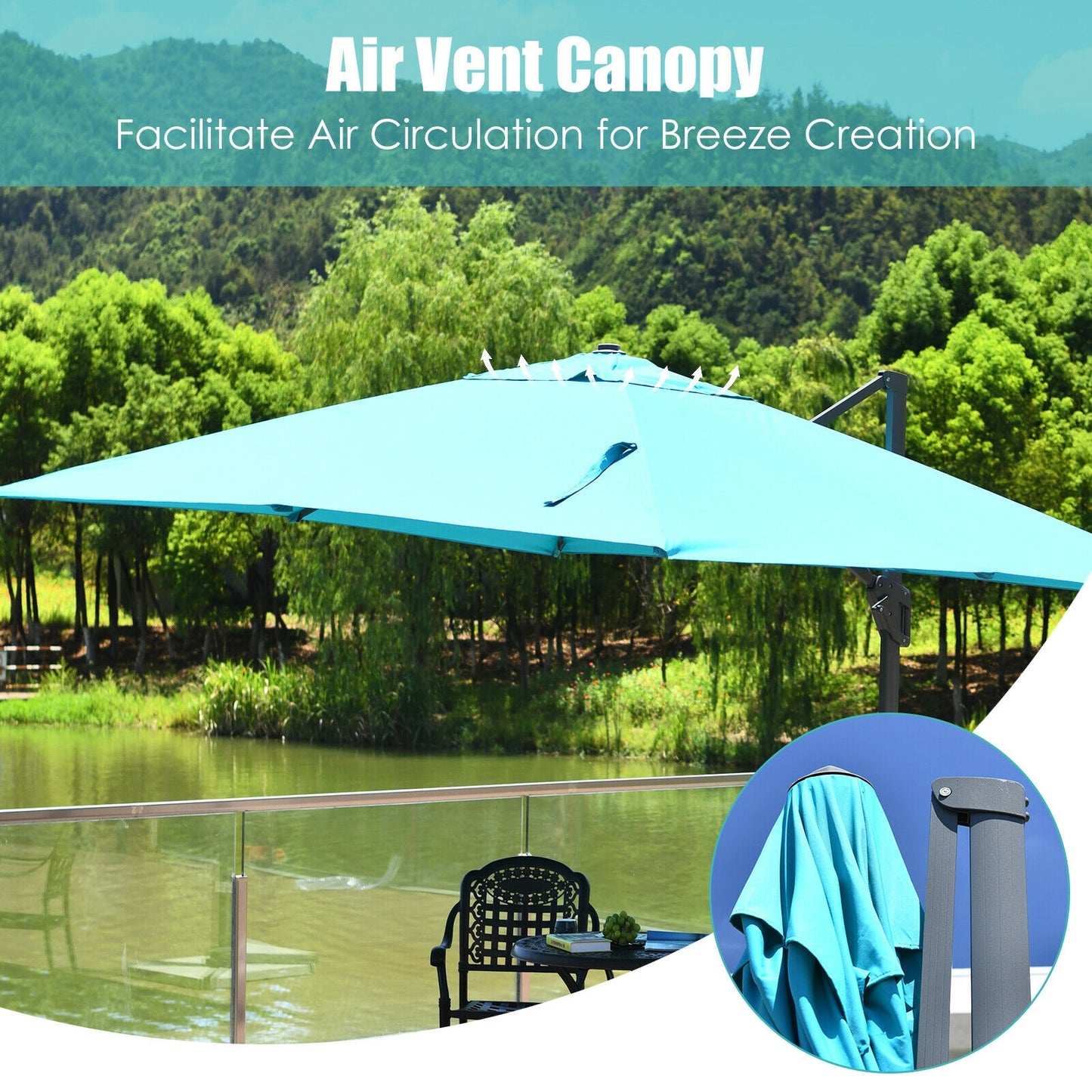 10 x13 Feet Rectangular Cantilever Umbrella with 360° Rotation Function-Turquoise