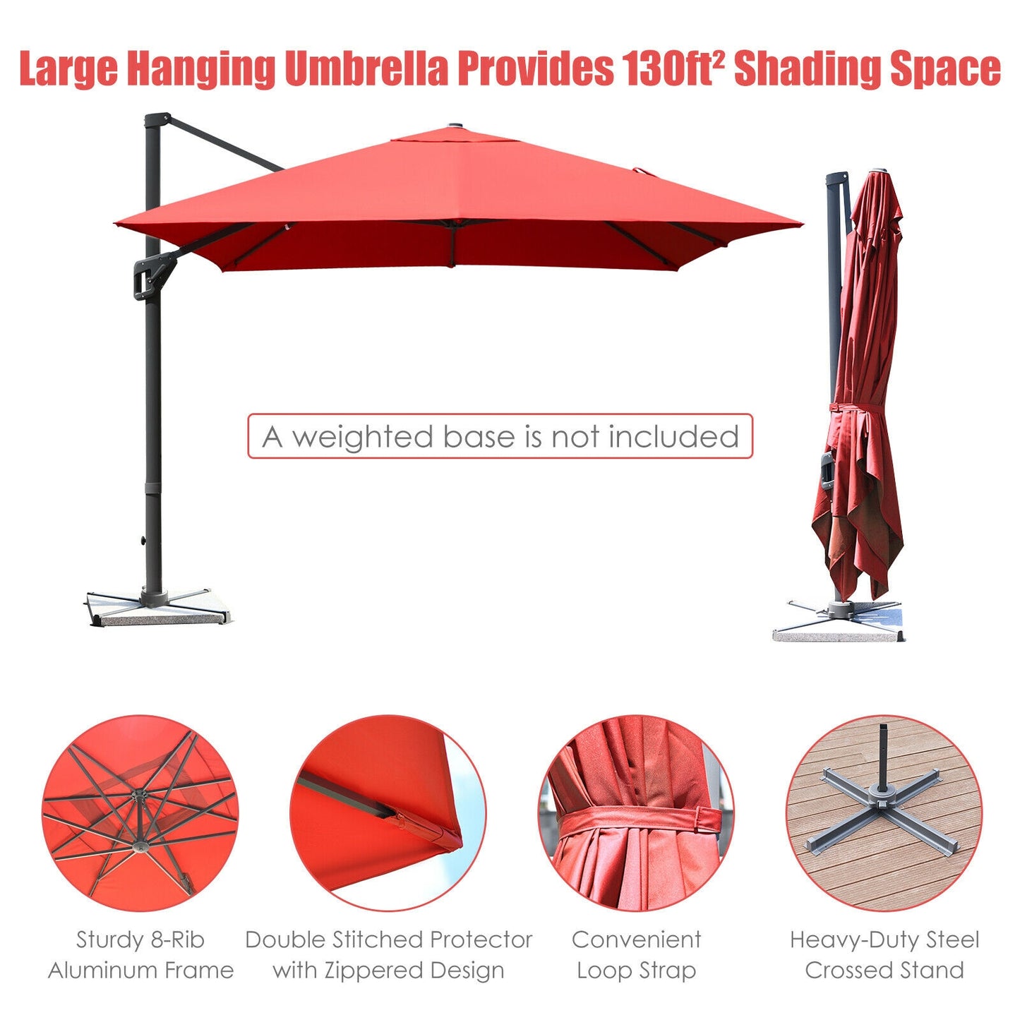 10 x13 Feet Rectangular Cantilever Umbrella with 360° Rotation Function-Orange