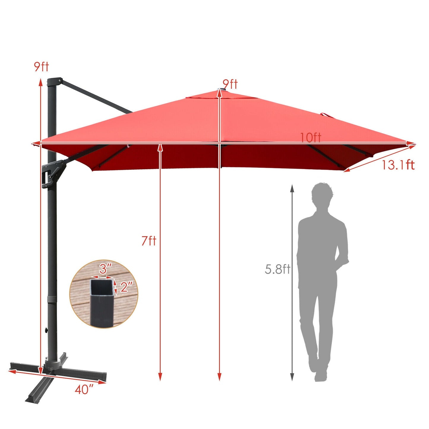 10 x13 Feet Rectangular Cantilever Umbrella with 360° Rotation Function-Orange
