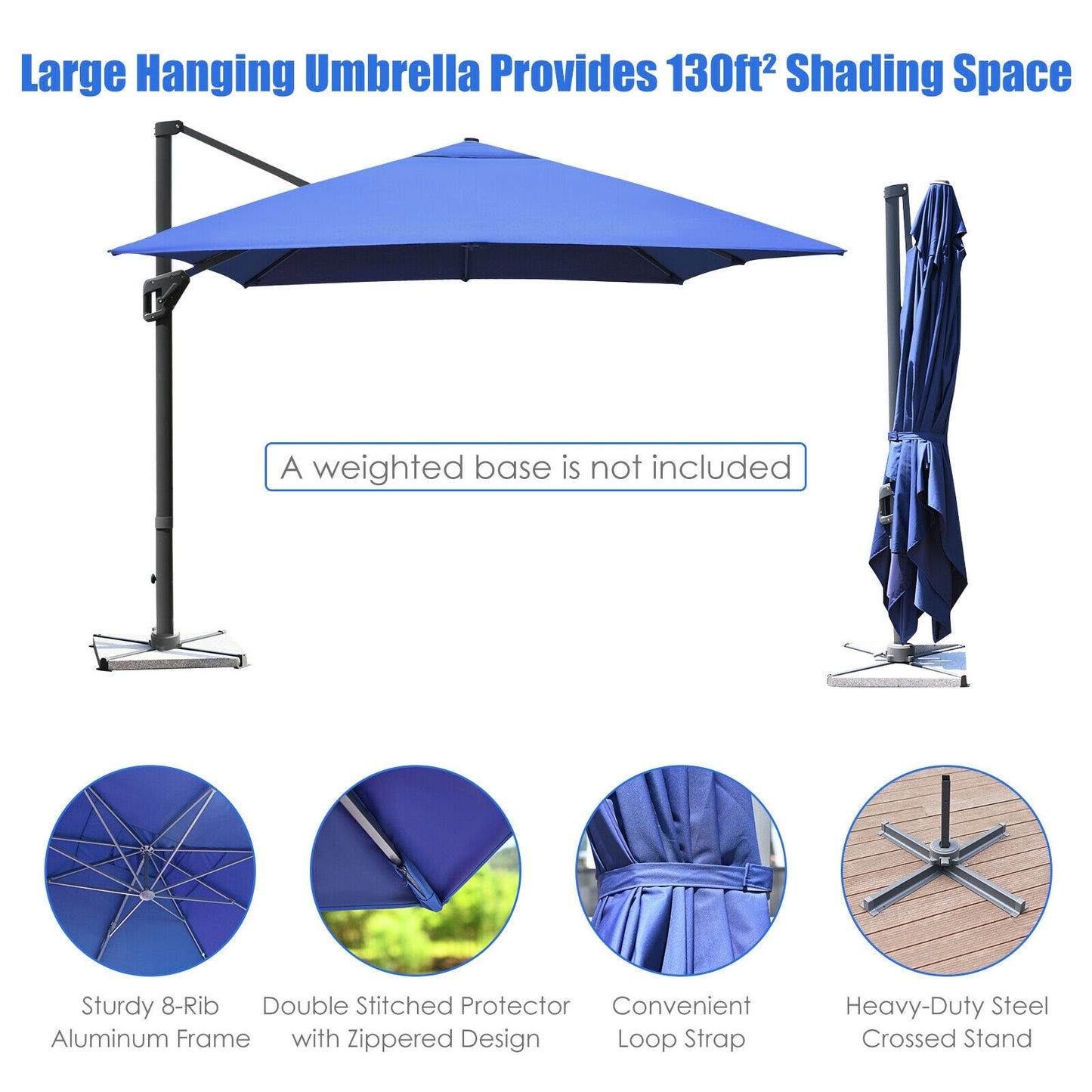 10 x13 Feet Rectangular Cantilever Umbrella with 360° Rotation Function-Navy