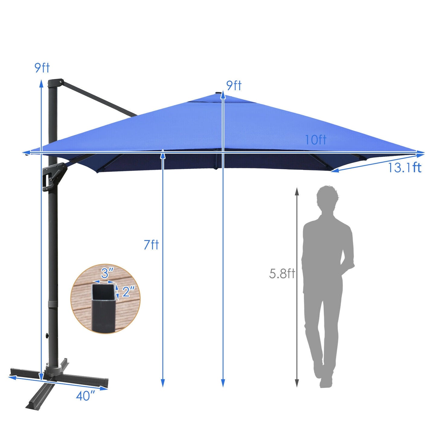 10 x13 Feet Rectangular Cantilever Umbrella with 360° Rotation Function-Navy