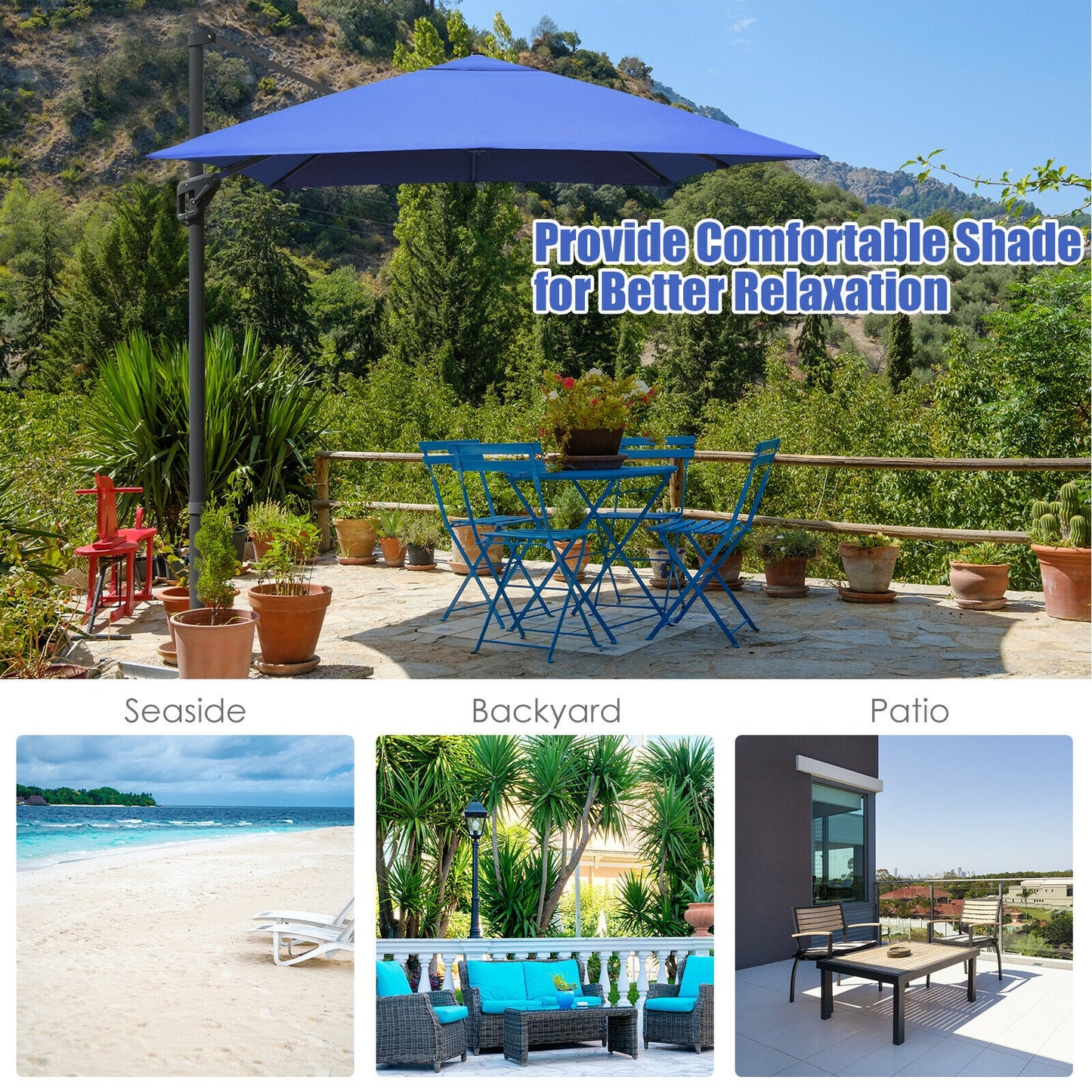 10 x13 Feet Rectangular Cantilever Umbrella with 360° Rotation Function-Navy