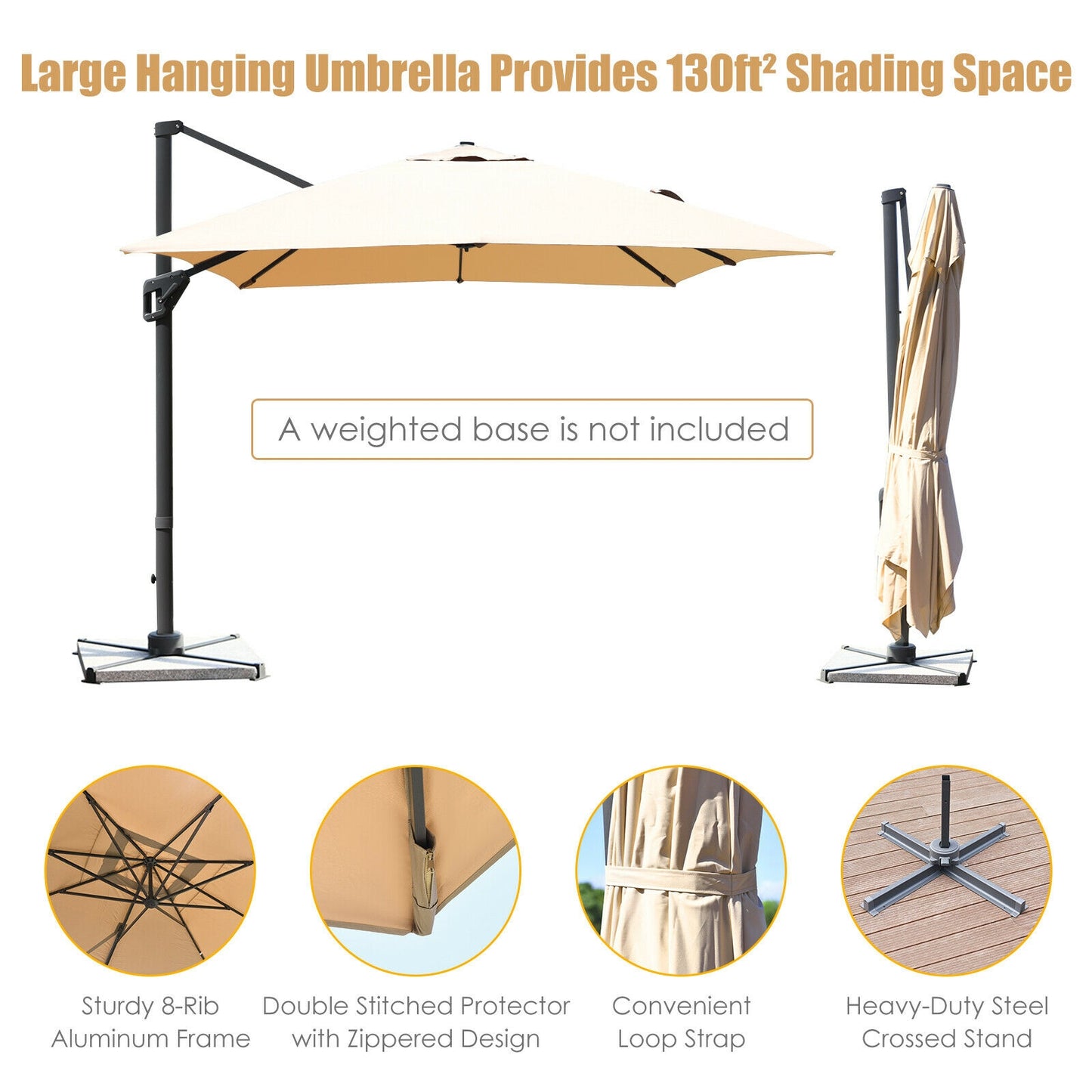 10 x13 Feet Rectangular Cantilever Umbrella with 360° Rotation Function-Beige