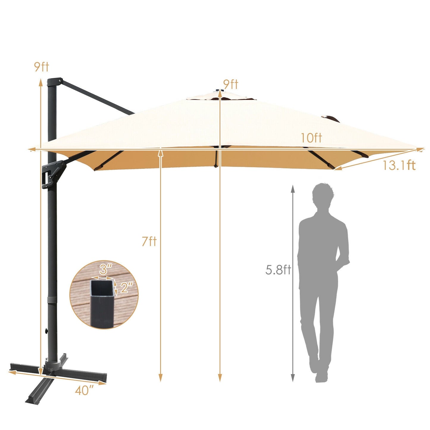 10 x13 Feet Rectangular Cantilever Umbrella with 360° Rotation Function-Beige
