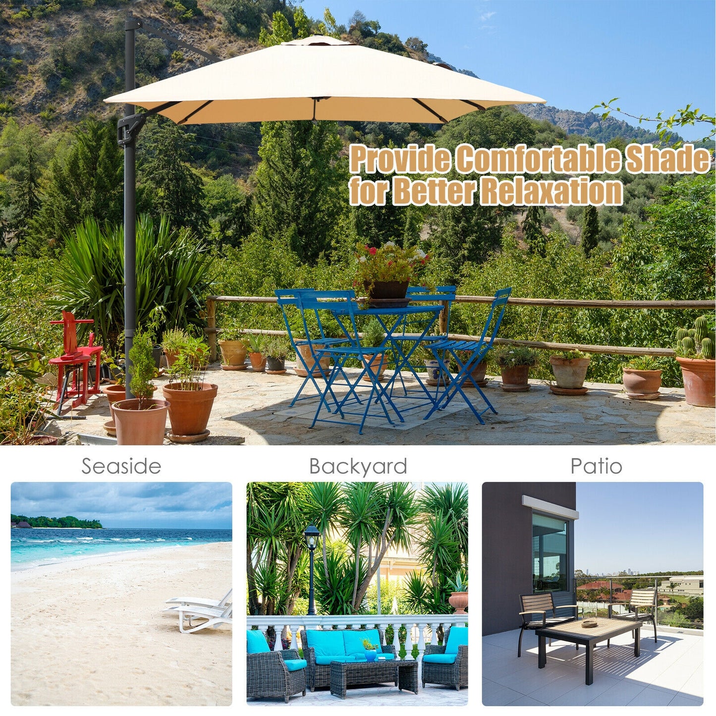 10 x13 Feet Rectangular Cantilever Umbrella with 360° Rotation Function-Beige