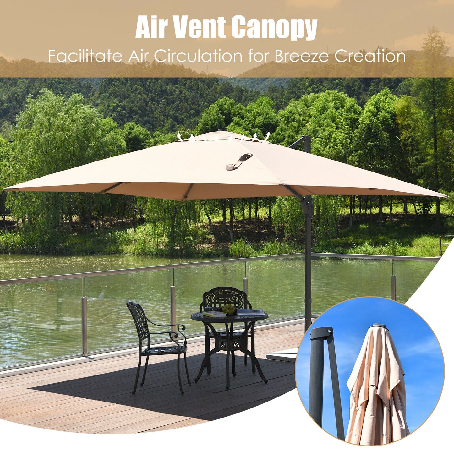 10 x13 Feet Rectangular Cantilever Umbrella with 360° Rotation Function-Beige