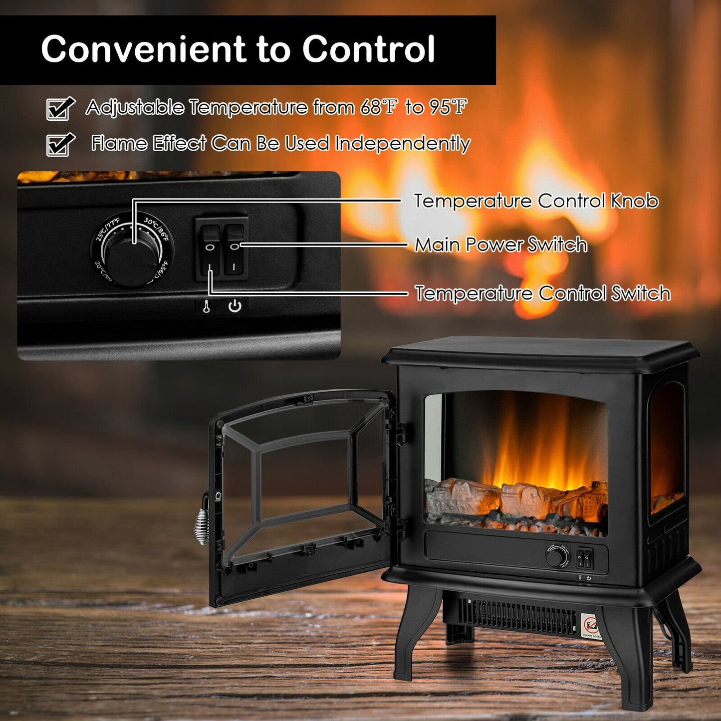 Black freestanding fireplace heater with realistic dancing flame effect, designed for home climate control and ambiance.