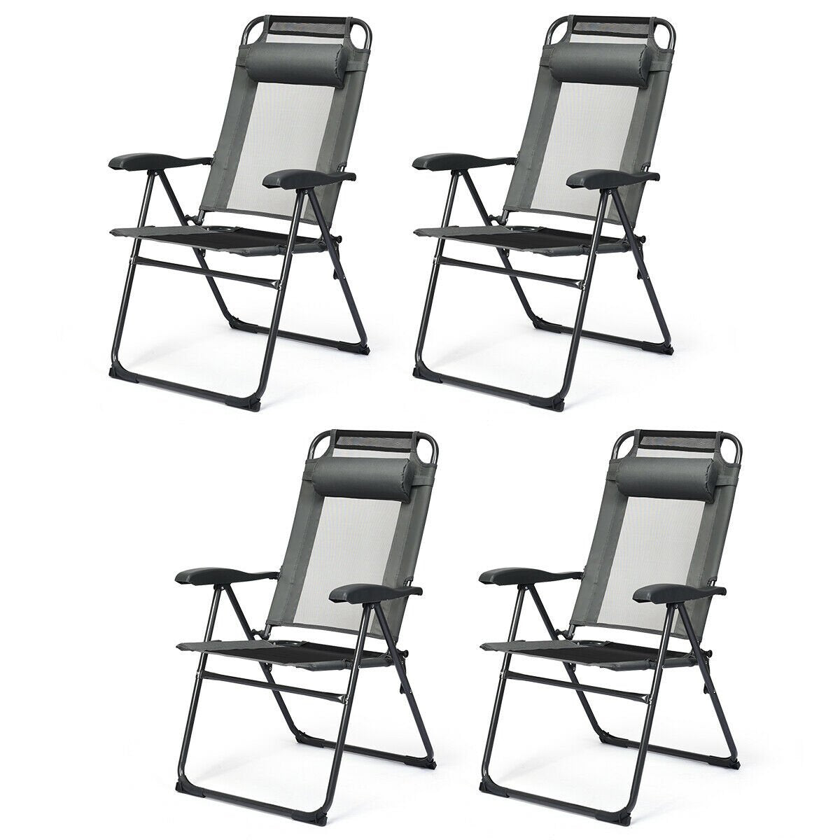 4 Pieces Patio Garden Adjustable Reclining Folding Chairs with Headrest-Black