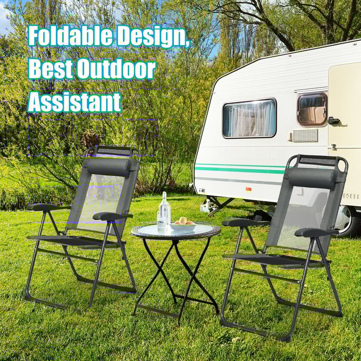 4 Pieces Patio Garden Adjustable Reclining Folding Chairs with Headrest-Black