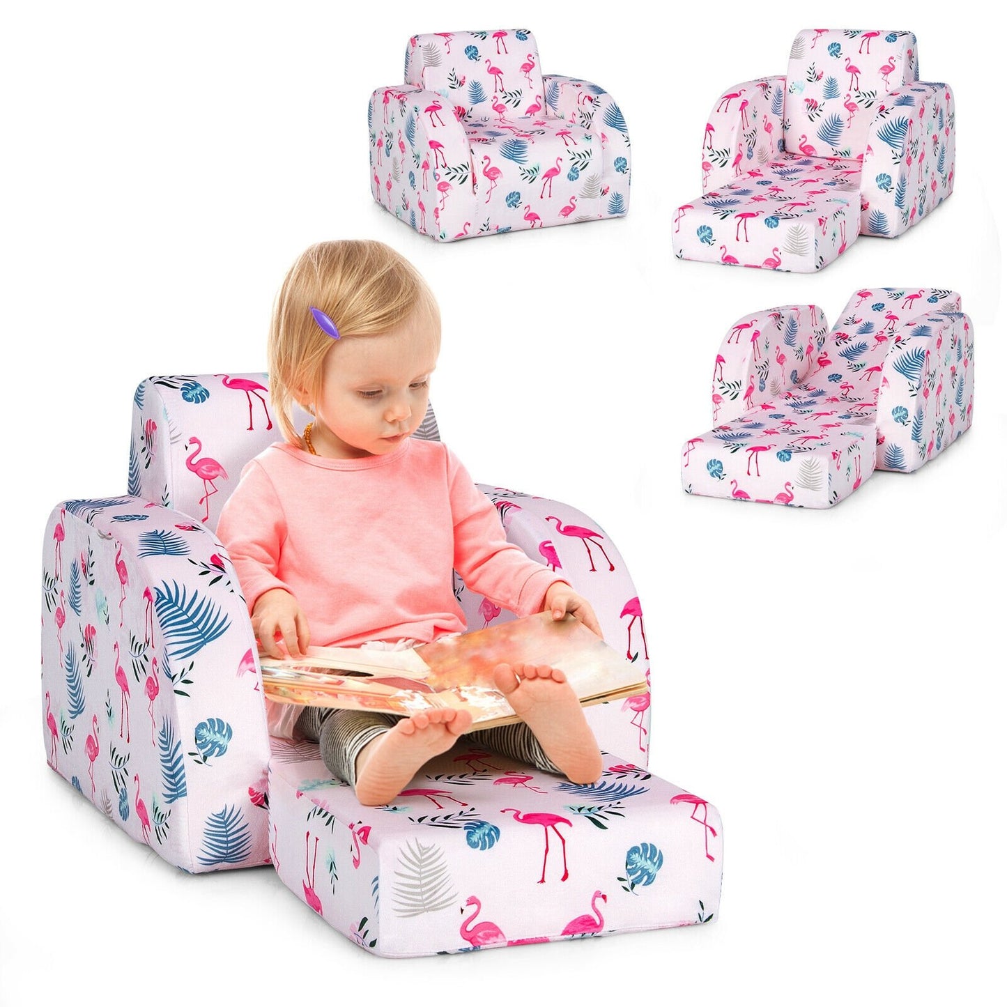 3-in-1 Convertible Kid Sofa Bed Flip-Out Chair Lounger for Toddler-Blue
