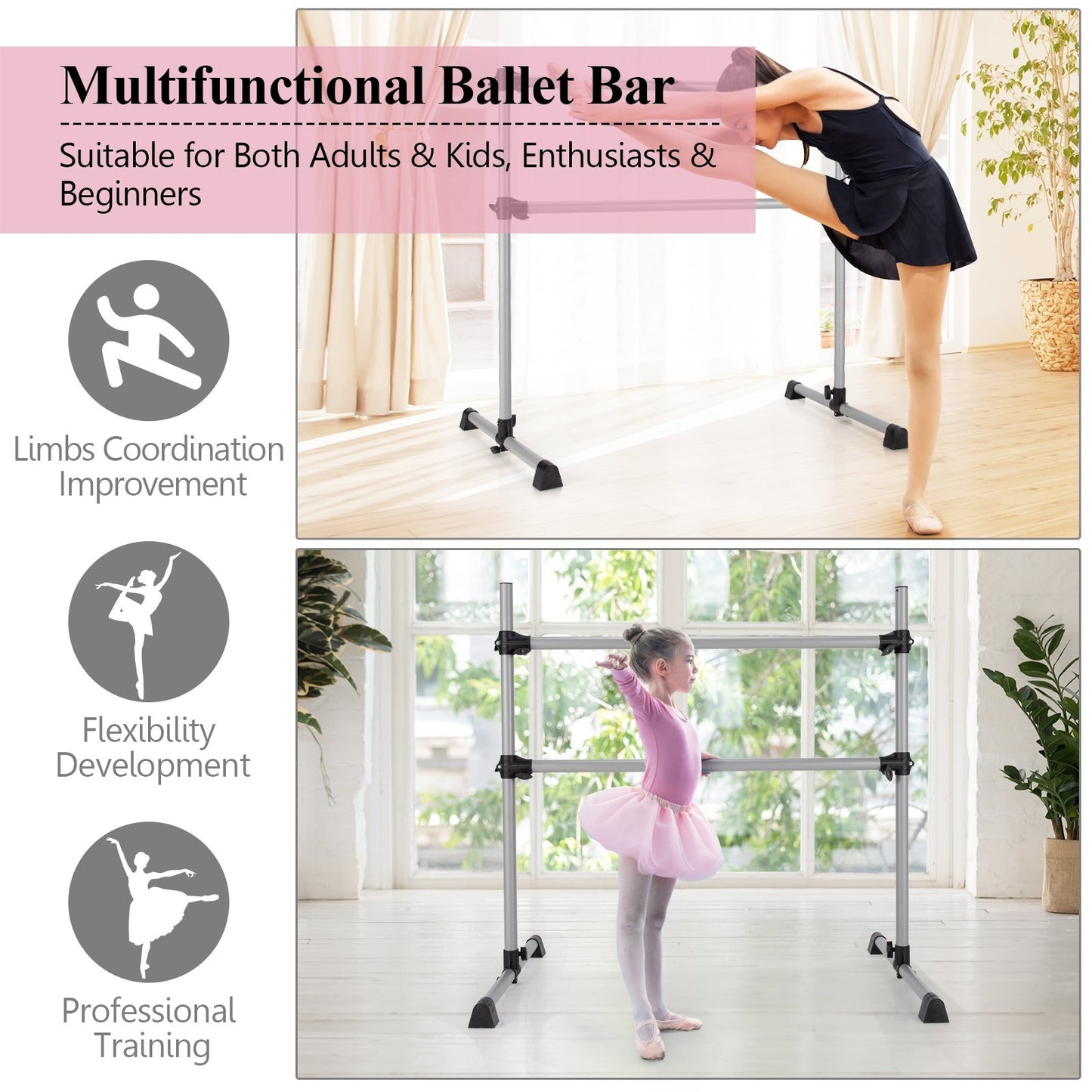 4 Feet Portable Double Freestanding Barre Dancing Stretching-Black