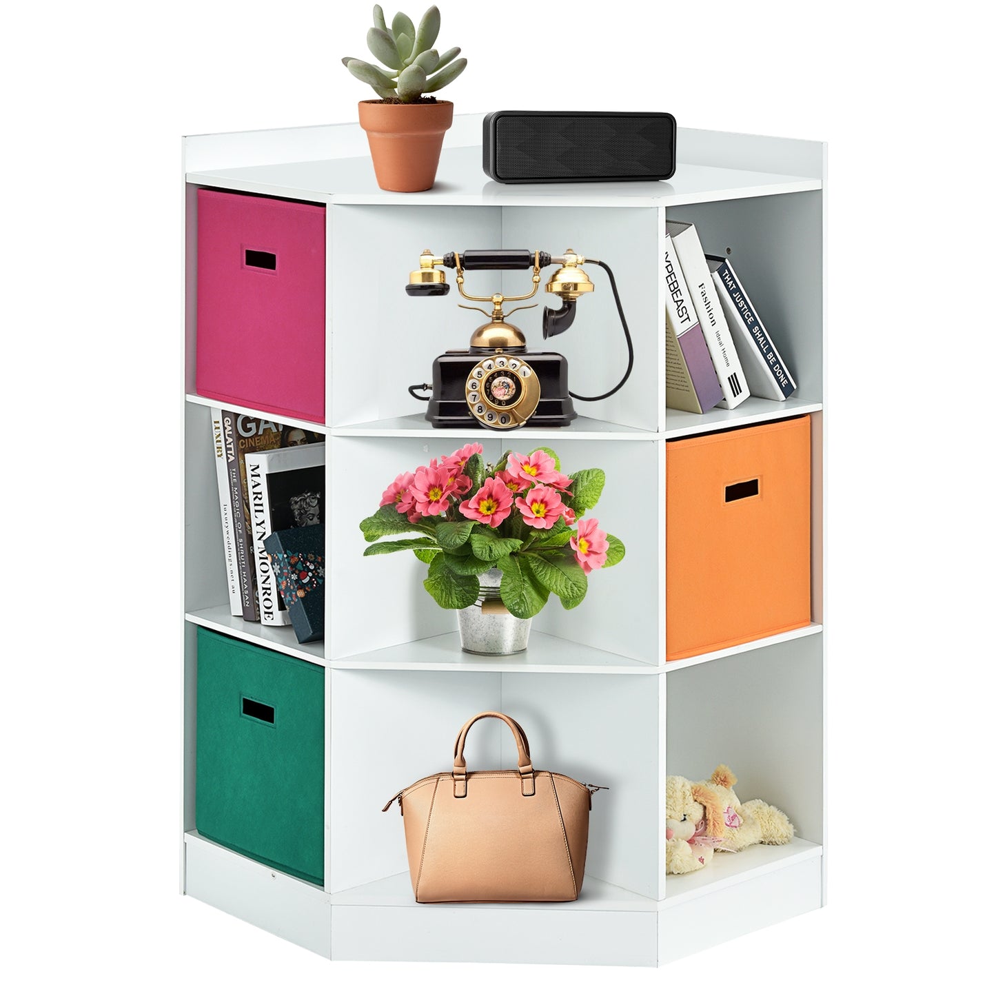 3-Tier 9-Cubby Kids Storage Shelf Corner Cabinet with 3 Baskets-White