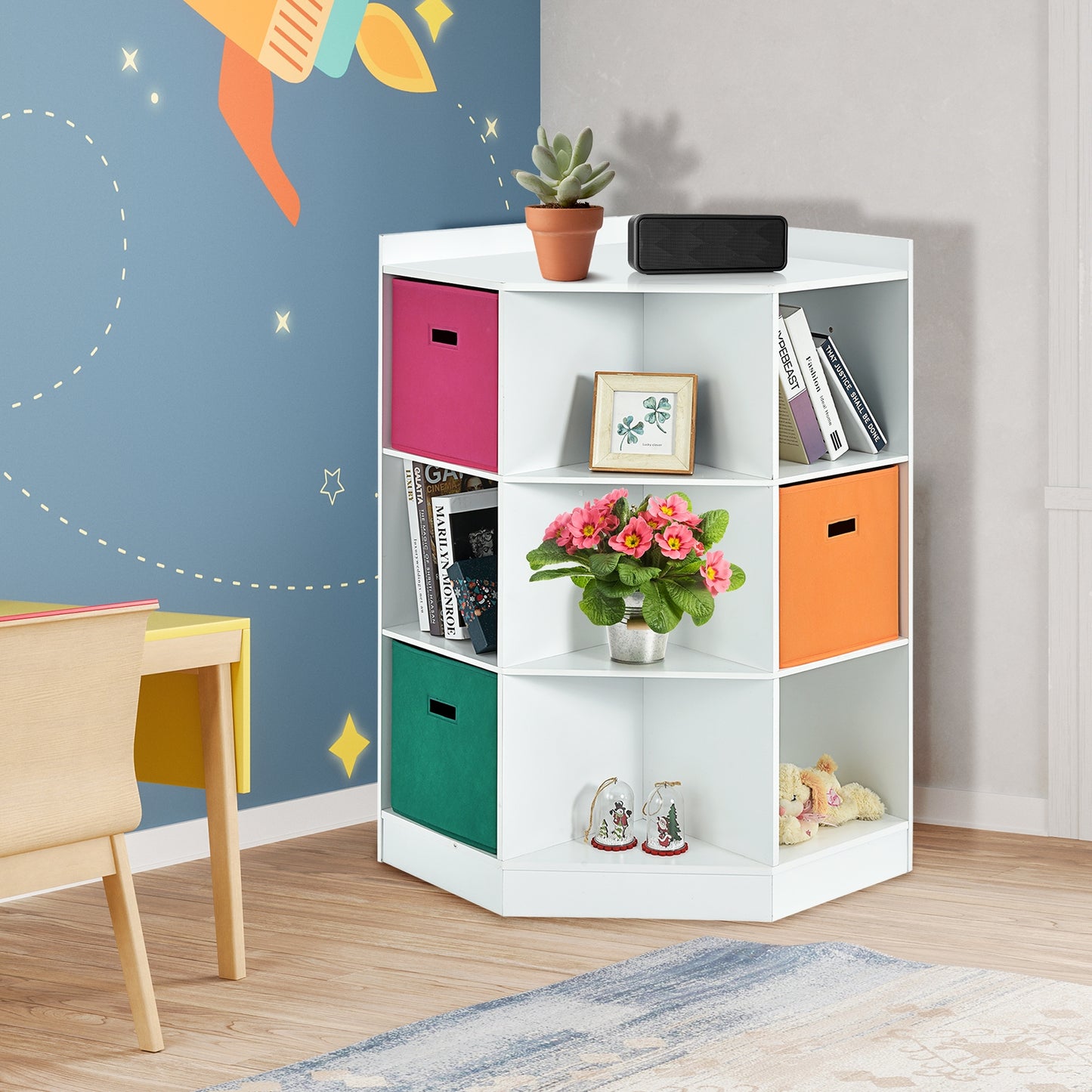 3-Tier 9-Cubby Kids Storage Shelf Corner Cabinet with 3 Baskets-White