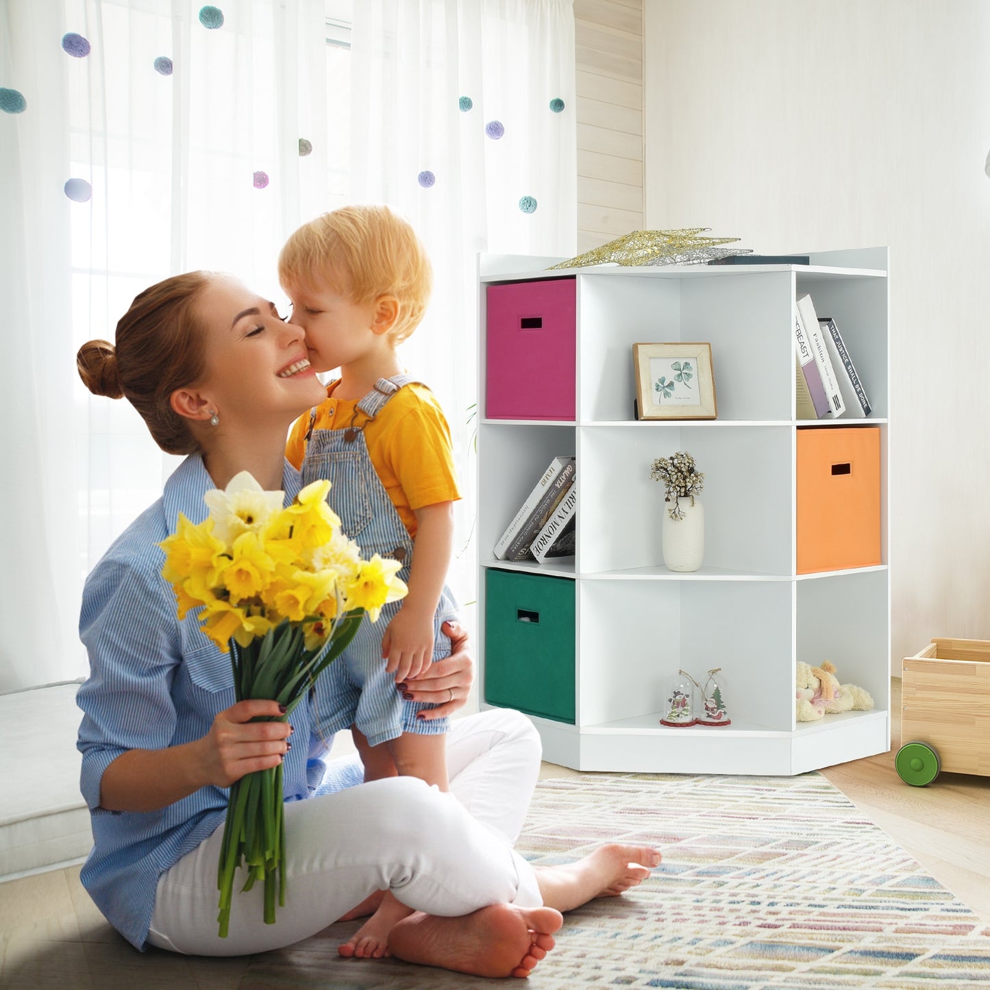 3-Tier 9-Cubby Kids Storage Shelf Corner Cabinet with 3 Baskets-White
