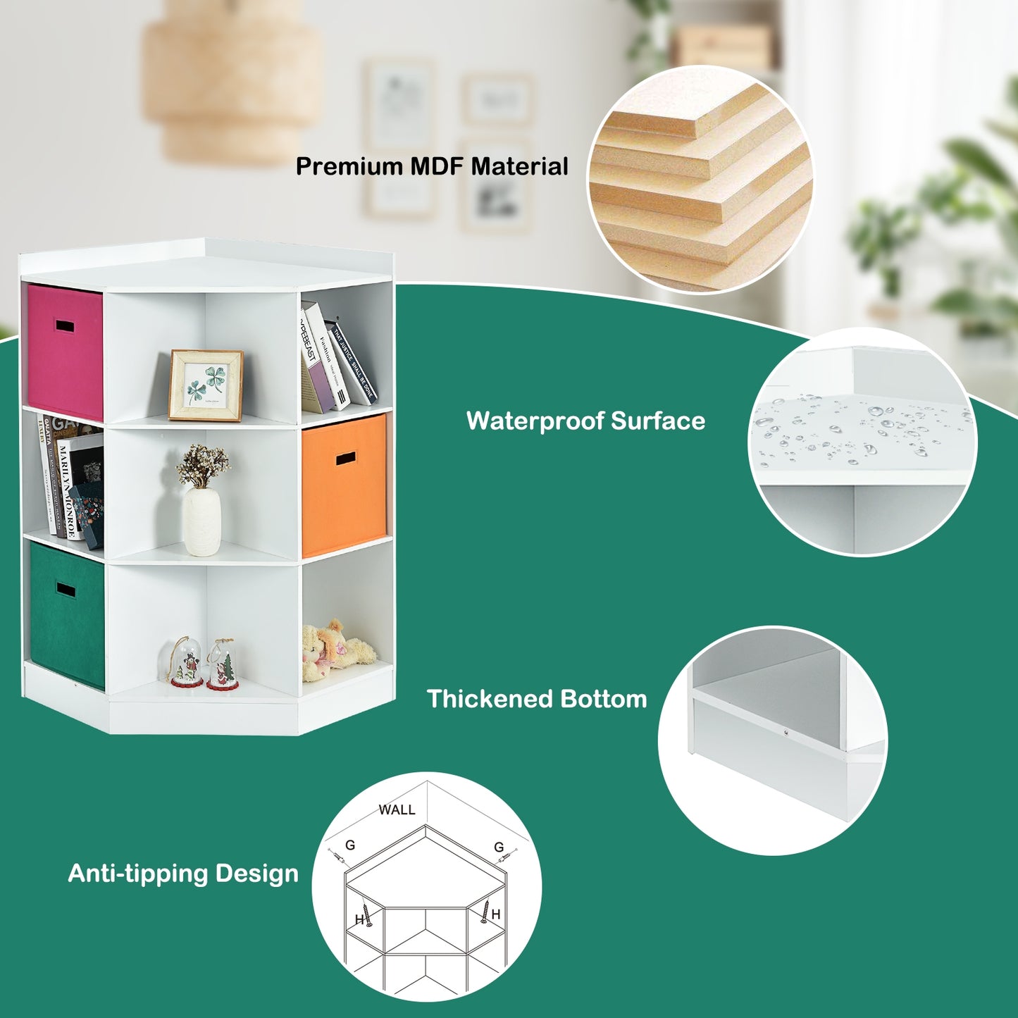 3-Tier 9-Cubby Kids Storage Shelf Corner Cabinet with 3 Baskets-White